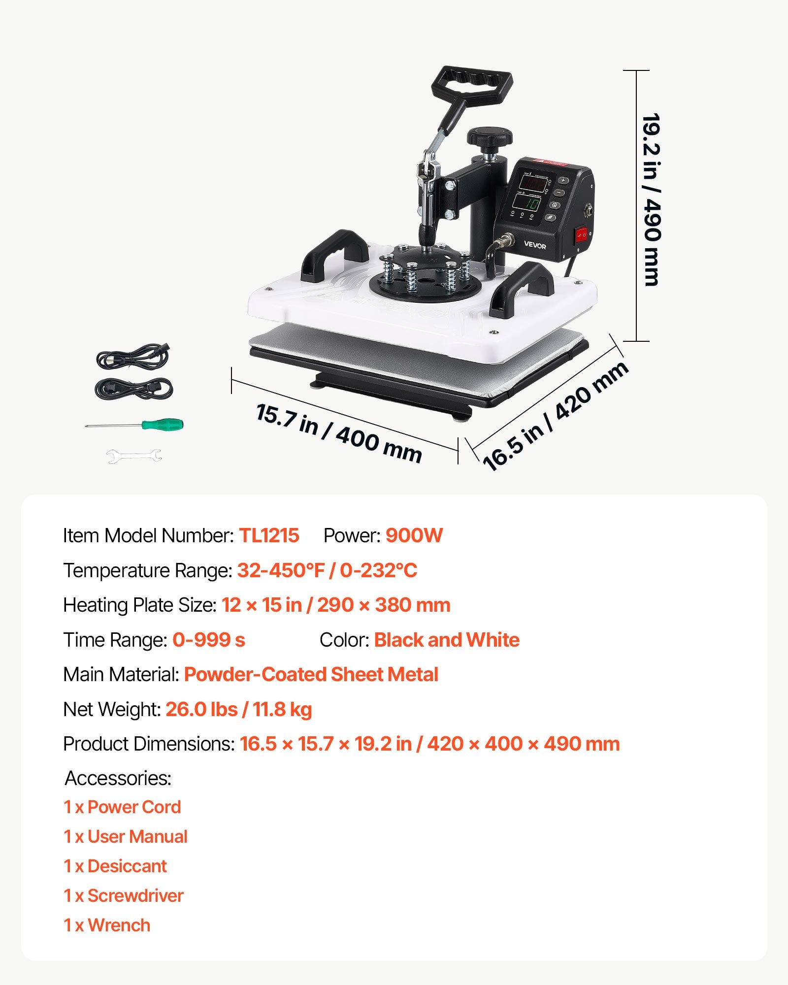 Prasa transferowa VEVOR 29x38cm Maszyna do sublimacji Prasa tekstylna 900W, ramię obrotowe Szybkie i równomierne nagrzewanie Kontrola czasu i temperatury Koszulki Torby płócienne Poszewki na poduszki Skarpetki