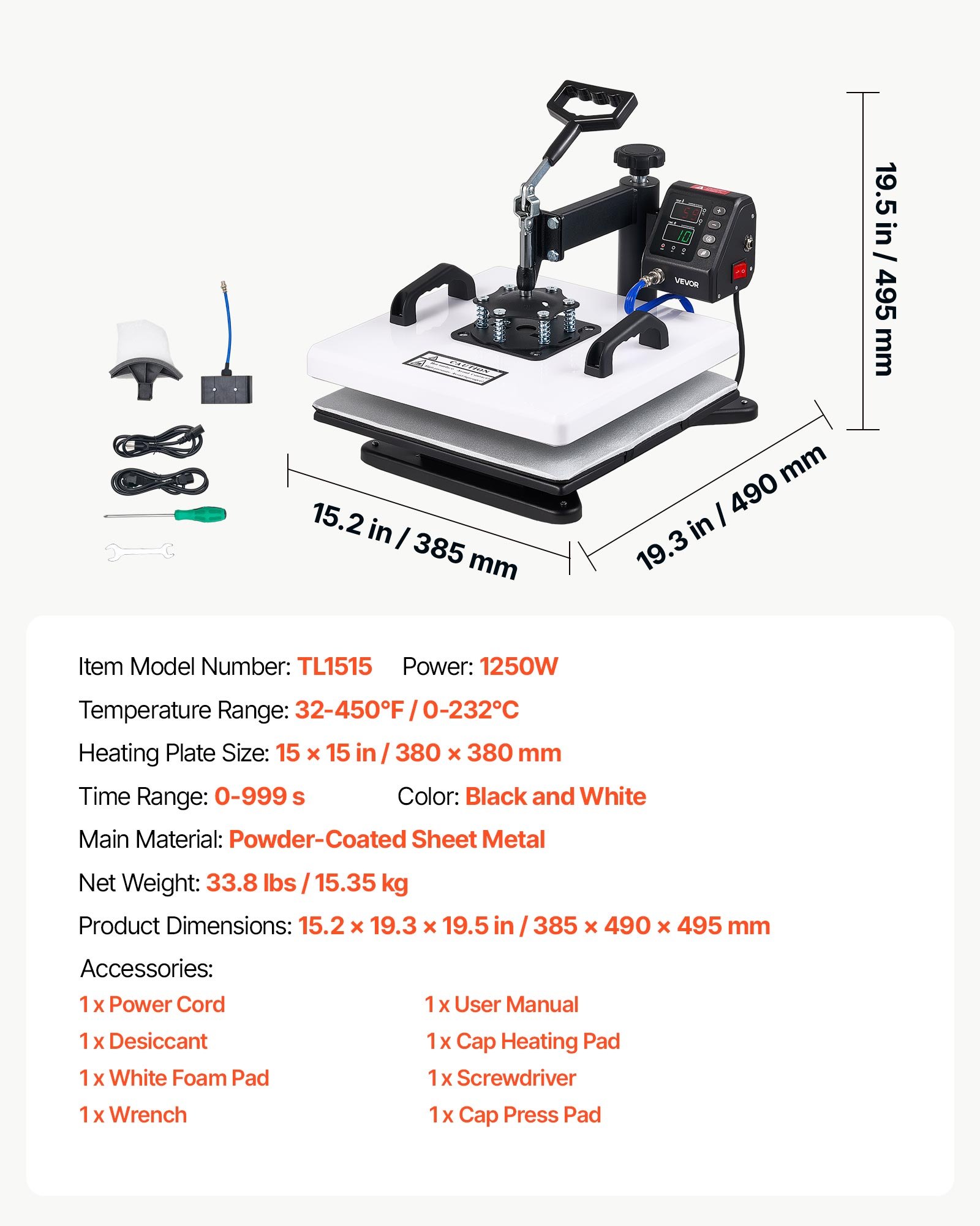 Prasa transferowa VEVOR 38x38 cm, maszyna do sublimacji, 2 w 1, prasa do tekstyliów, 1250 W, funkcja obrotu 360°, szybkie i równomierne nagrzewanie, kontrola czasu i temperatury, koszulki, poszewki na poduszki, czapki