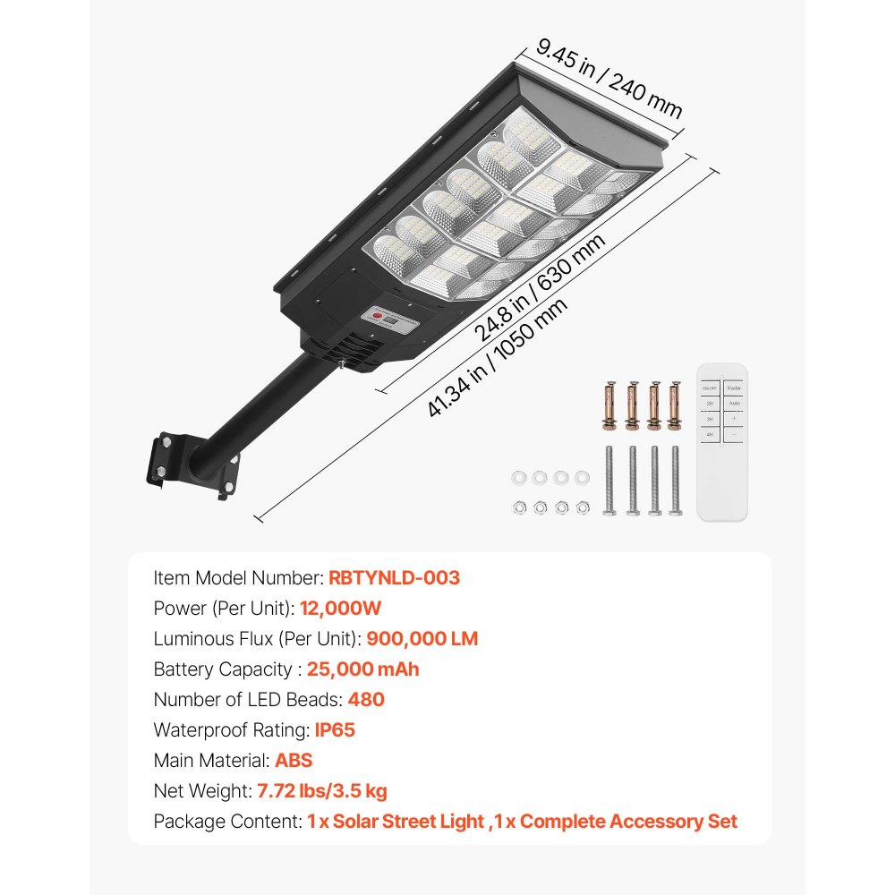 VEVOR Solarna lampa uliczna 900000 lm, lampa uliczna 12 kW, lampa solarna z czujnikiem zmierzchu, reflektor LED z czujnikiem ruchu, IP65, szerokokątne oświetlenie zewnętrzne, do podjazdów i ogrodów