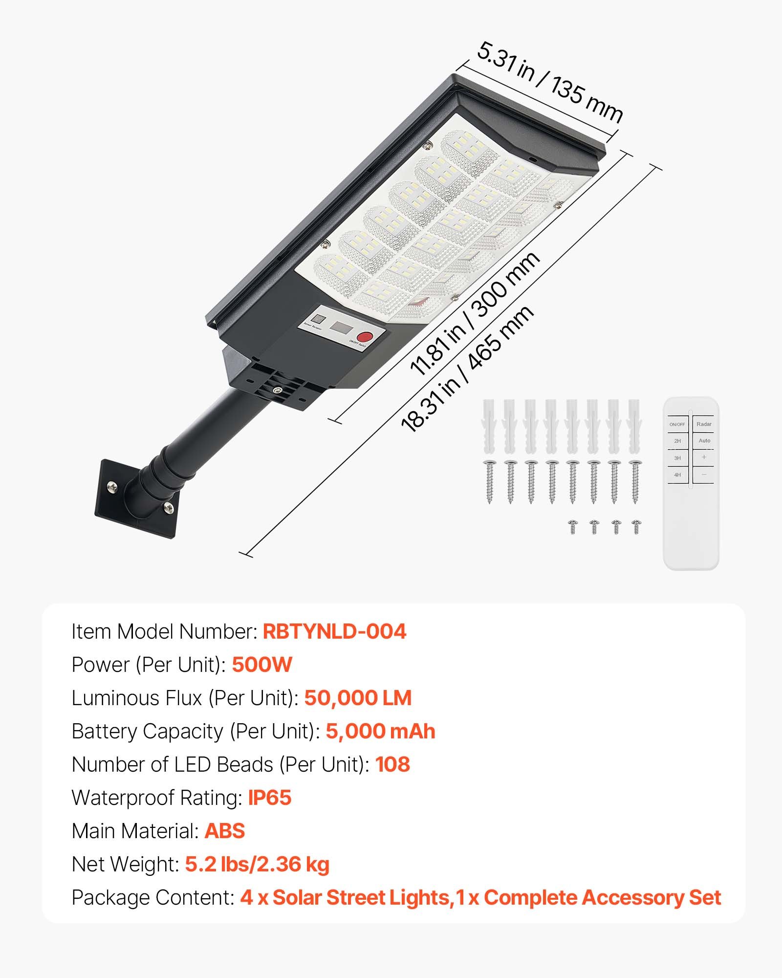 VEVOR Solarna lampa uliczna 50000 lm, lampa uliczna 500 W, lampa solarna z czujnikiem zmierzchu, reflektor LED z czujnikiem ruchu, wodoodporne oświetlenie zewnętrzne IP65 do podjazdów i ogrodów, opakowanie 4 szt.