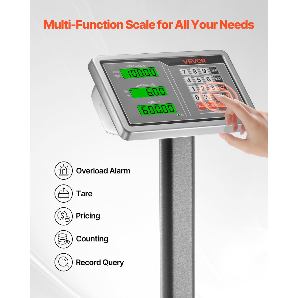VEVOR Cyfrowa waga platformowa, udźwig 300 kg, wysoka dokładność 50 g, elektroniczna waga podłogowa z podziałką LB/KG, funkcja tarowania, kalkulator cen, zasilanie AC/DC, odpowiednia do bagażu, wysyłki, paczek, przesyłek pocztowych