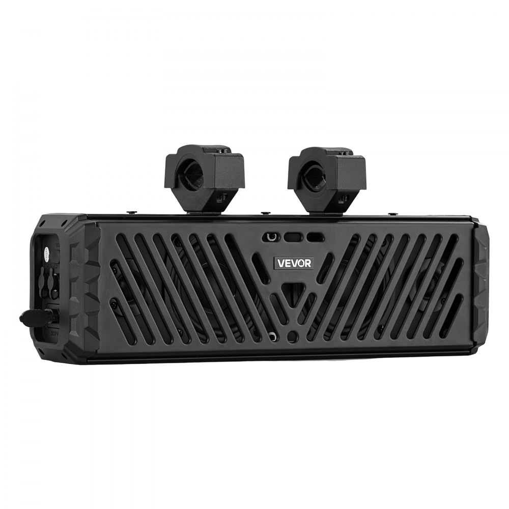 Soundbar VEVOR UTV z 2 głośnikami wysokotonowymi i 2 głośnikami średnio-niskotonowymi (44 cm) do wózków golfowych, quadów i łodzi, obsługuje Bluetooth, USB, AUX-IN i zdalne sterowanie RF, z wielokolorowym oświetleniem RGB, stopień ochrony IP65