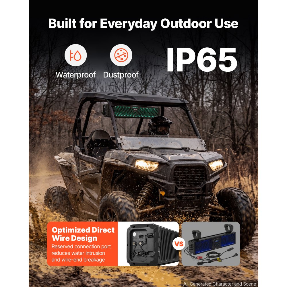 Soundbar VEVOR UTV z 4 głośnikami + 2 pasywnymi radiatorami 655 mm do wózków golfowych, quadów i łodzi, obsługuje Bluetooth, USB, AUX-IN i zdalne sterowanie RF, z wielokolorowym oświetleniem RGB, stopień ochrony IP65