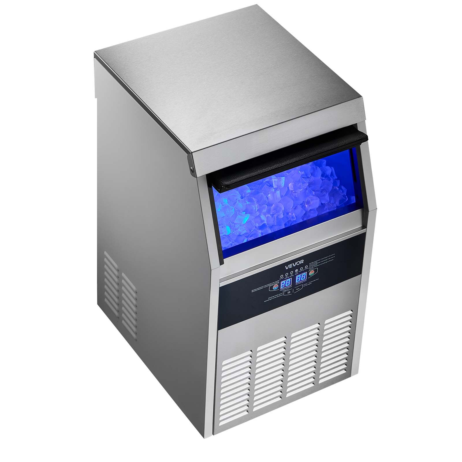 VEVOR Komercyjna kostkarka do lodu o wydajności 68 kg/dzień z pojemnikiem na lód o pojemności 14 kg, wolnostojąca kostkarka ze stali nierdzewnej z wyświetlaczem LED i funkcją samoczyszczenia, idealna do domowego baru, restauracji i kawiarni