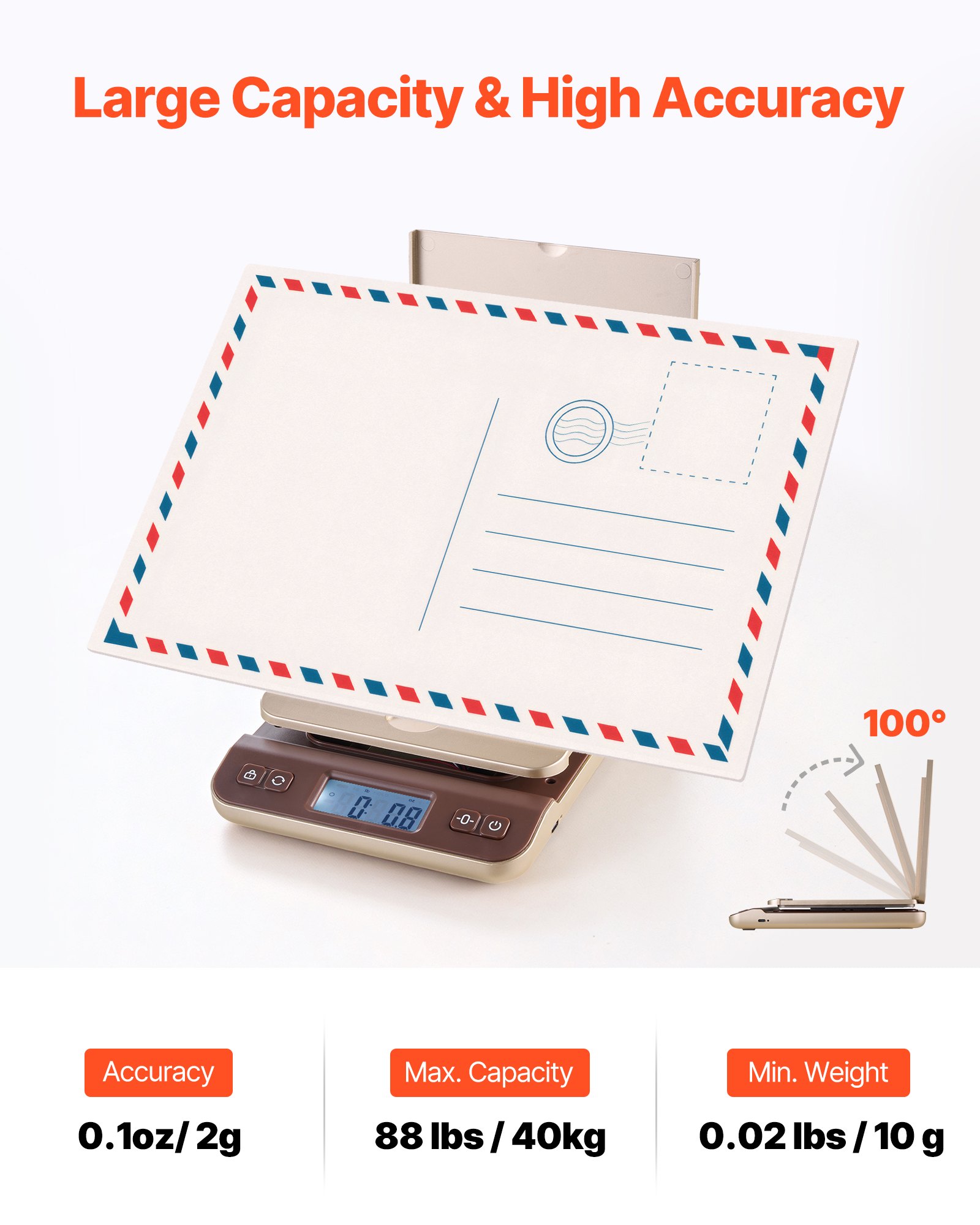 Waga pocztowa cyfrowa VEVOR, dokładność 2 g, waga do 40 kg z funkcją Hold/Tara/automatycznego wyłączania, uchwyt z klapką i łatwa kalibracja, waga platformowa do listów, bateria w zestawie