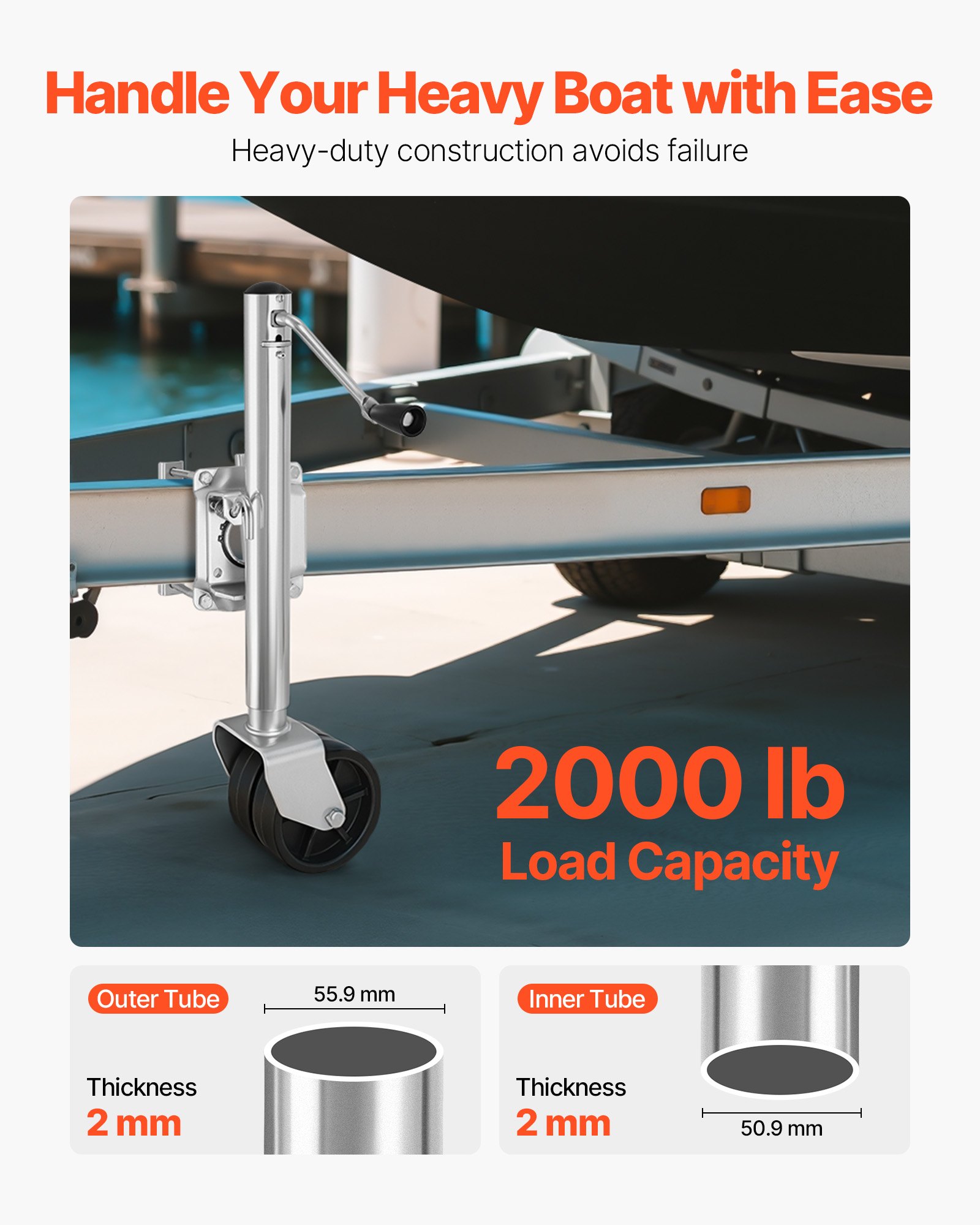 Koło podporowe VEVOR do łodzi, udźwig 907 kg, podnośnik do przyczepy łodziowej z podwójnym kołem PP i ergonomicznym uchwytem, ​​zakres podnoszenia od 381 do 685 mm, koło podporowe odpowiednie do kamperów, łodzi i przyczep użytkowych
