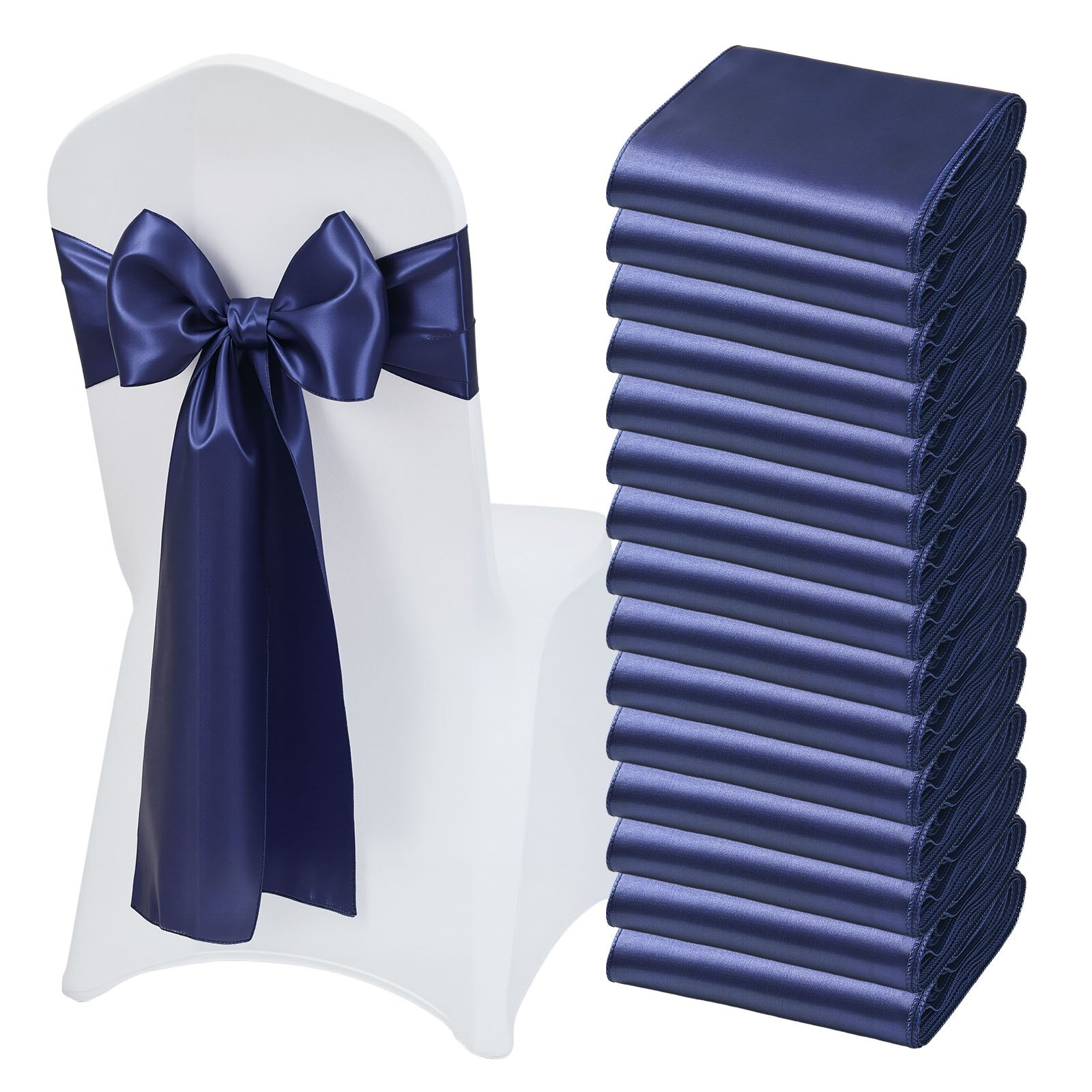 VEVOR Satin Chair Sashes Bows, 50PCS Chair Ribbon Ties Back Sash, 7 x 108 inch, Navy Blue Wedding Reception Decoration, for Wedding Ceremony Baby Shower Party Events Banquet Chair Cover Decoration
