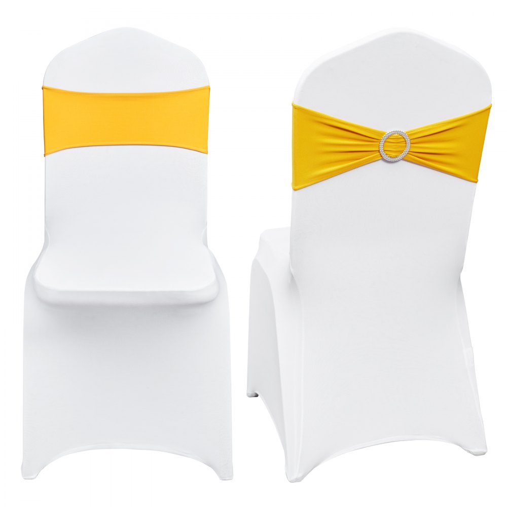 Pokrowce na krzesła VEVOR wykonane z elastycznego spandexu na krzesła składane, uniwersalne pokrowce na krzesła z szarfami na krzesła, zdejmowane i nadające się do prania pokrowce na wesele, imprezę, jadalnię (zestaw 30 sztuk w kolorze złotym i białym)