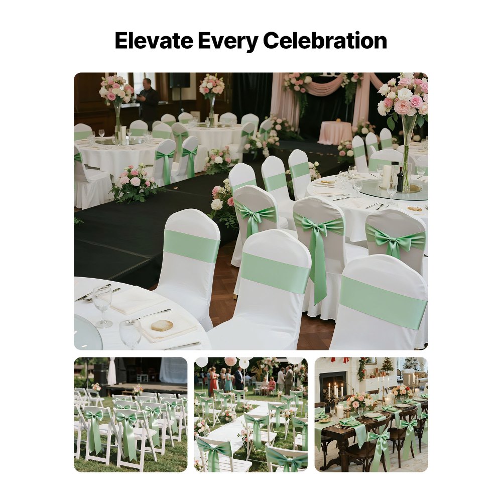 VEVOR Satin Chair Sashes Bows, 100PCS Chair Ribbon Ties Back Sash, 7 x 108 inch, Light Green Wedding Reception Decoration, for Wedding Ceremony Baby Shower Party Events Banquet Chair Cover Decoration
