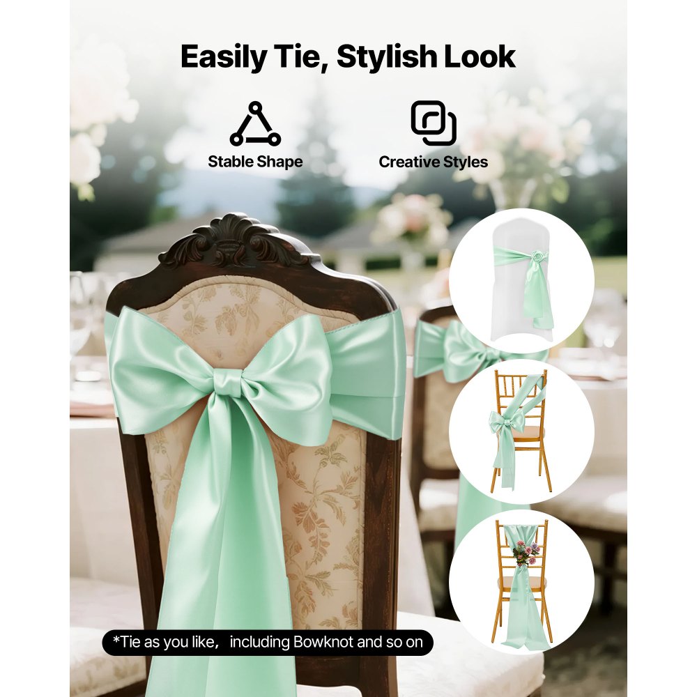 VEVOR Satin Chair Sashes Bows, 100PCS Chair Ribbon Ties Back Sash, 7 x 108 inch, Light Green Wedding Reception Decoration, for Wedding Ceremony Baby Shower Party Events Banquet Chair Cover Decoration