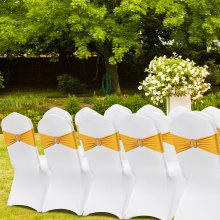 Pokrowce na krzesła VEVOR wykonane z elastycznego spandexu na krzesła składane, uniwersalny pokrowiec na krzesło ze szarfami na krzesło, zdejmowane i nadające się do prania pokrowce na wesele, wakacje, jadalnia (zestaw 50 sztuk w kolorze złotym i białym)