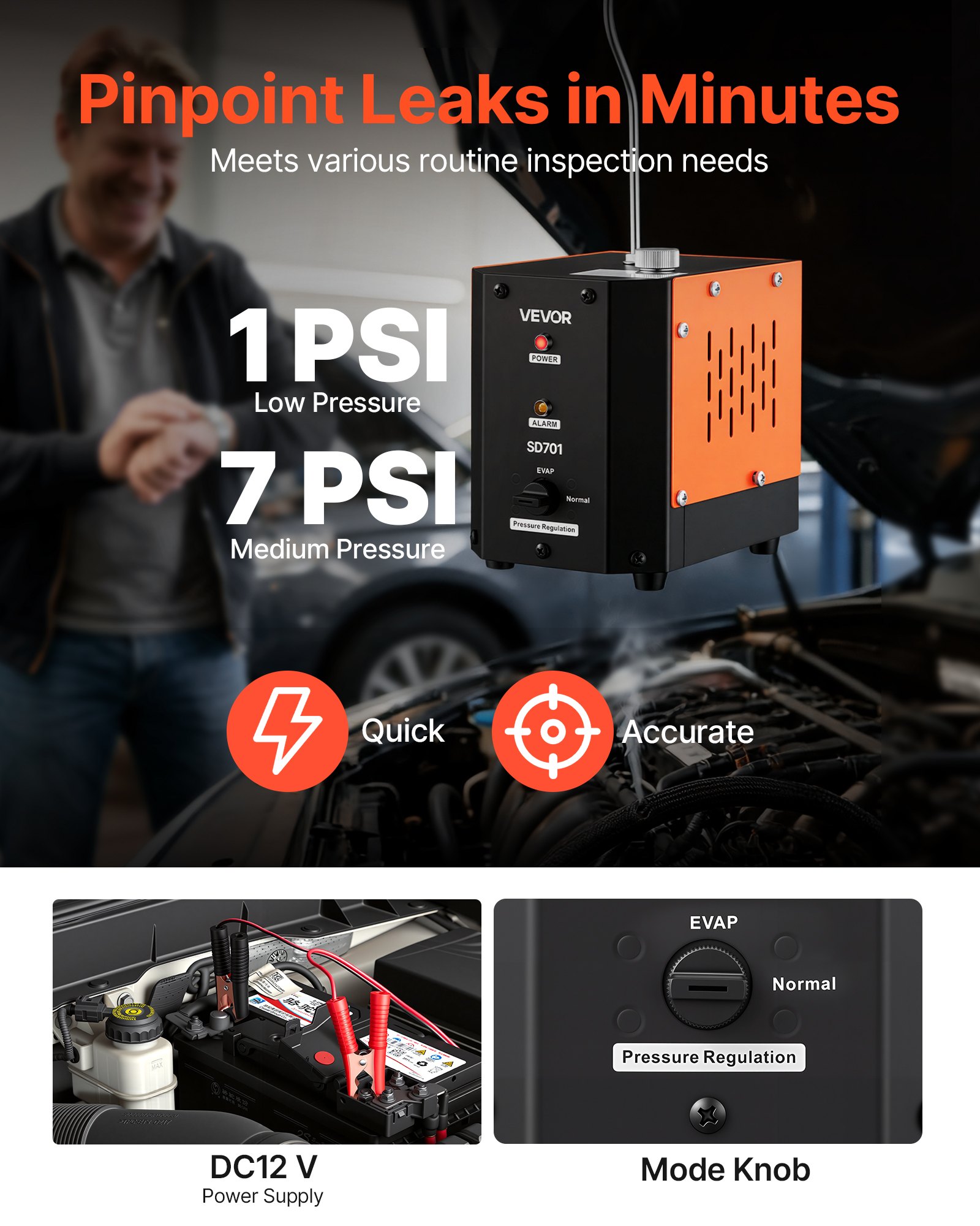 Generator dymu VEVOR EVAP, generator dymu samochodowego z pompą powietrza, regulowany detektor nieszczelności do samochodów osobowych, motocykli i ciężarówek, narzędzie diagnostyczne do wykrywania nieszczelności 0,07 / 0,48 bara, generator dymu, narzędzie do testowania szczelności