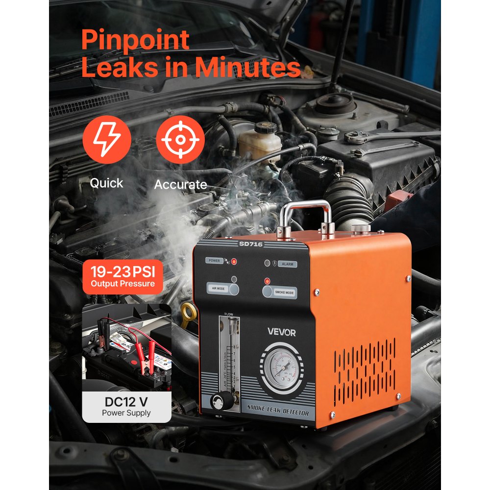 Generator dymu VEVOR EVAP, generator dymu samochodowego z pompą powietrza, przepływomierzem, manometrem, wykrywacz nieszczelności w samochodach, motocyklach i ciężarówkach, narzędzie diagnostyczne do wykrywania nieszczelności, generator dymu o ciśnieniu 1,6 bara, narzędzie do testowania szczelności