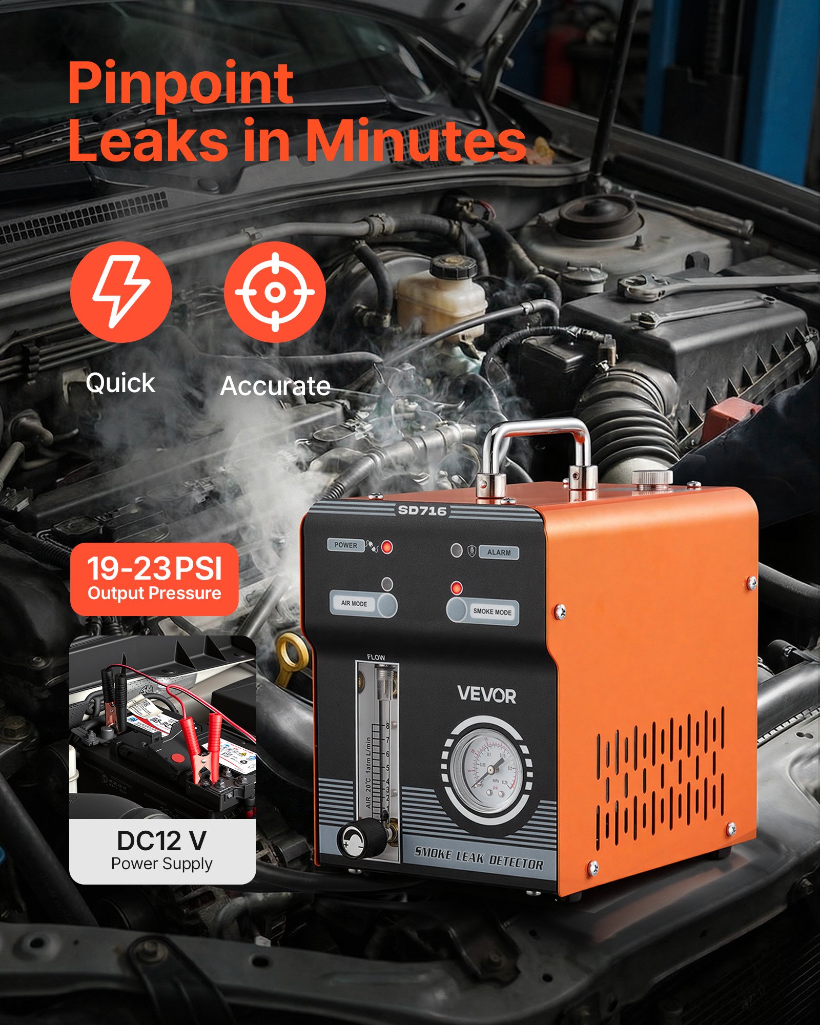 Generator dymu VEVOR EVAP, generator dymu samochodowego z pompą powietrza, przepływomierzem, manometrem, wykrywacz nieszczelności w samochodach, motocyklach i ciężarówkach, narzędzie diagnostyczne do wykrywania nieszczelności, generator dymu o ciśnieniu 1,6 bara, narzędzie do testowania szczelności