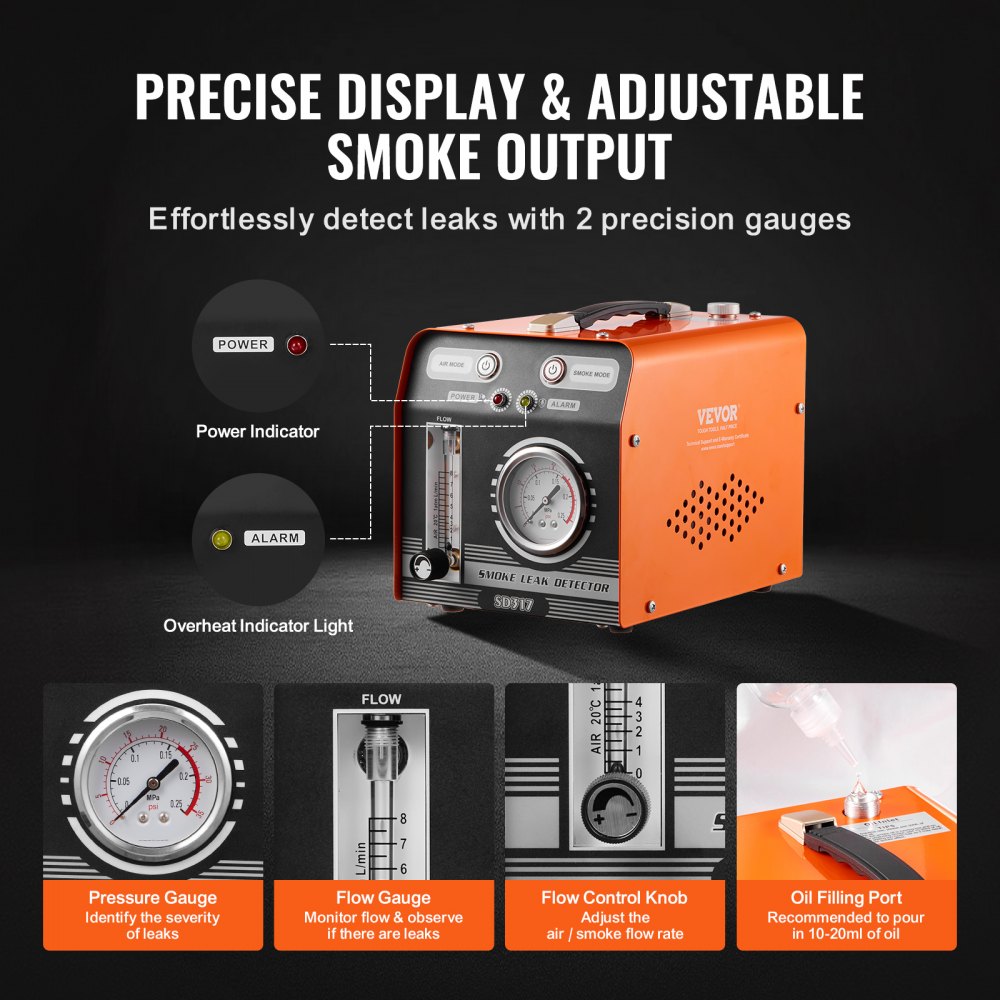 VEVOR Automotive Smoke Machine Leak Detector, EVAP Smoke Machine Leak Tester with Built-in Air Pump, Pressure Gauge & Flow Meter, Dual-Mode Diagnostic Leak Detector for Vacuum, Fuel, Pipeline Testing