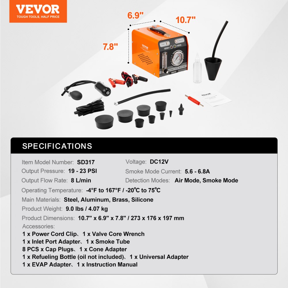 VEVOR Automotive Smoke Machine Leak Detector, EVAP Smoke Machine Leak Tester with Built-in Air Pump, Pressure Gauge & Flow Meter, Dual-Mode Diagnostic Leak Detector for Vacuum, Fuel, Pipeline Testing