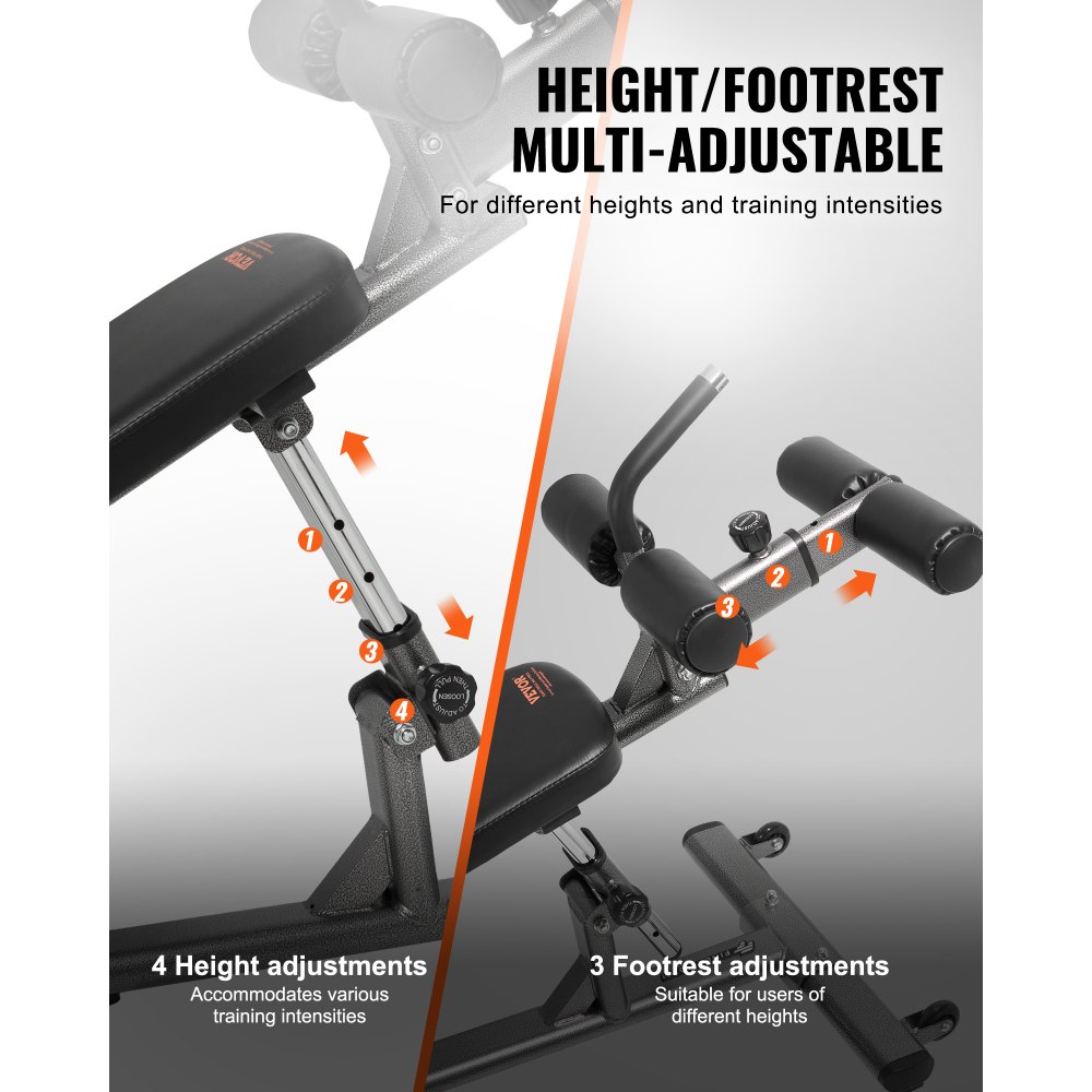 Ławka do brzuszków VEVOR, ławka do ćwiczeń mięśni brzucha, regulowana wysokość na 4 poziomach (1630 x 620 x 1055 cm), trenażer pleców (nośność 454 kg), do ćwiczeń w domu, na siłowni, treningu siłowego, treningu mięśni całego ciała