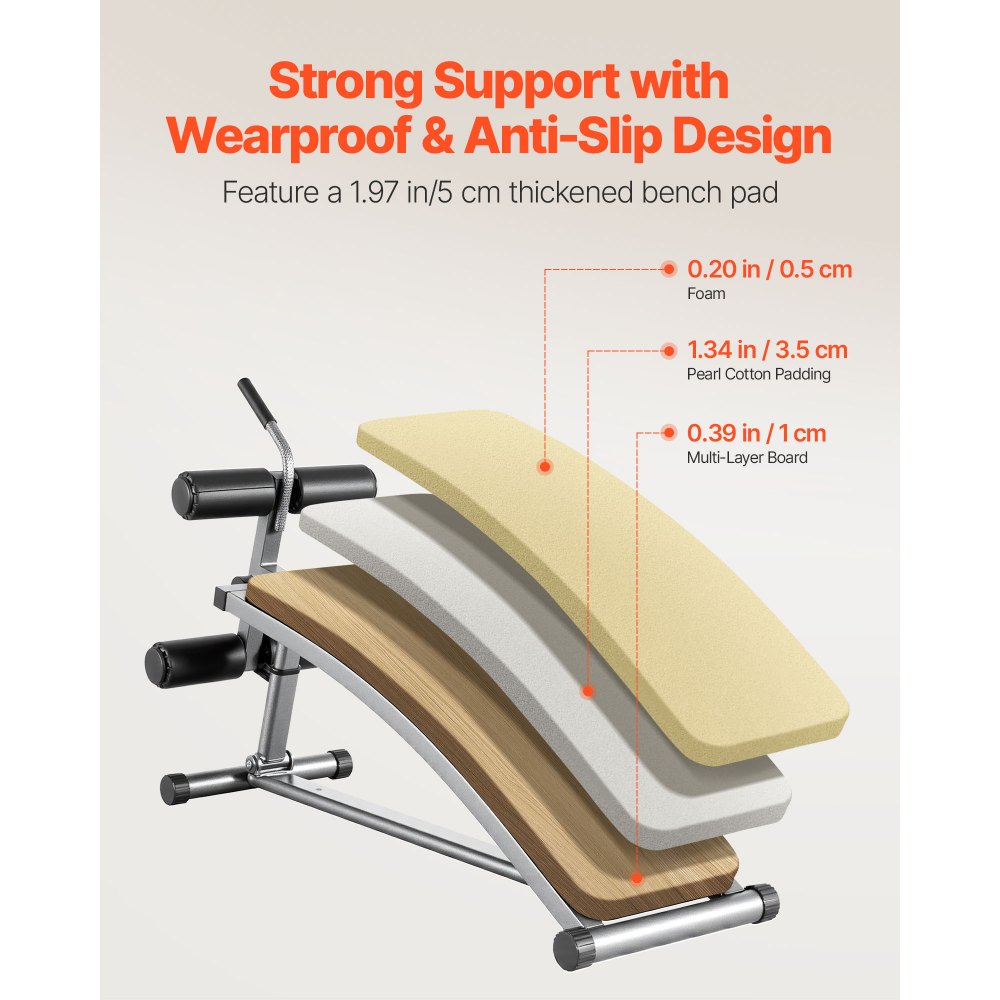 VEVOR Sit Up Bench, Curved Decline Ab Bench with Reverse Crunch Handle, with 6 Adjustable Height Setting, Heavy Duty Steel, 272 Kg Capacity for Home Gym Workouts, Strength Training, Full Body Muscles