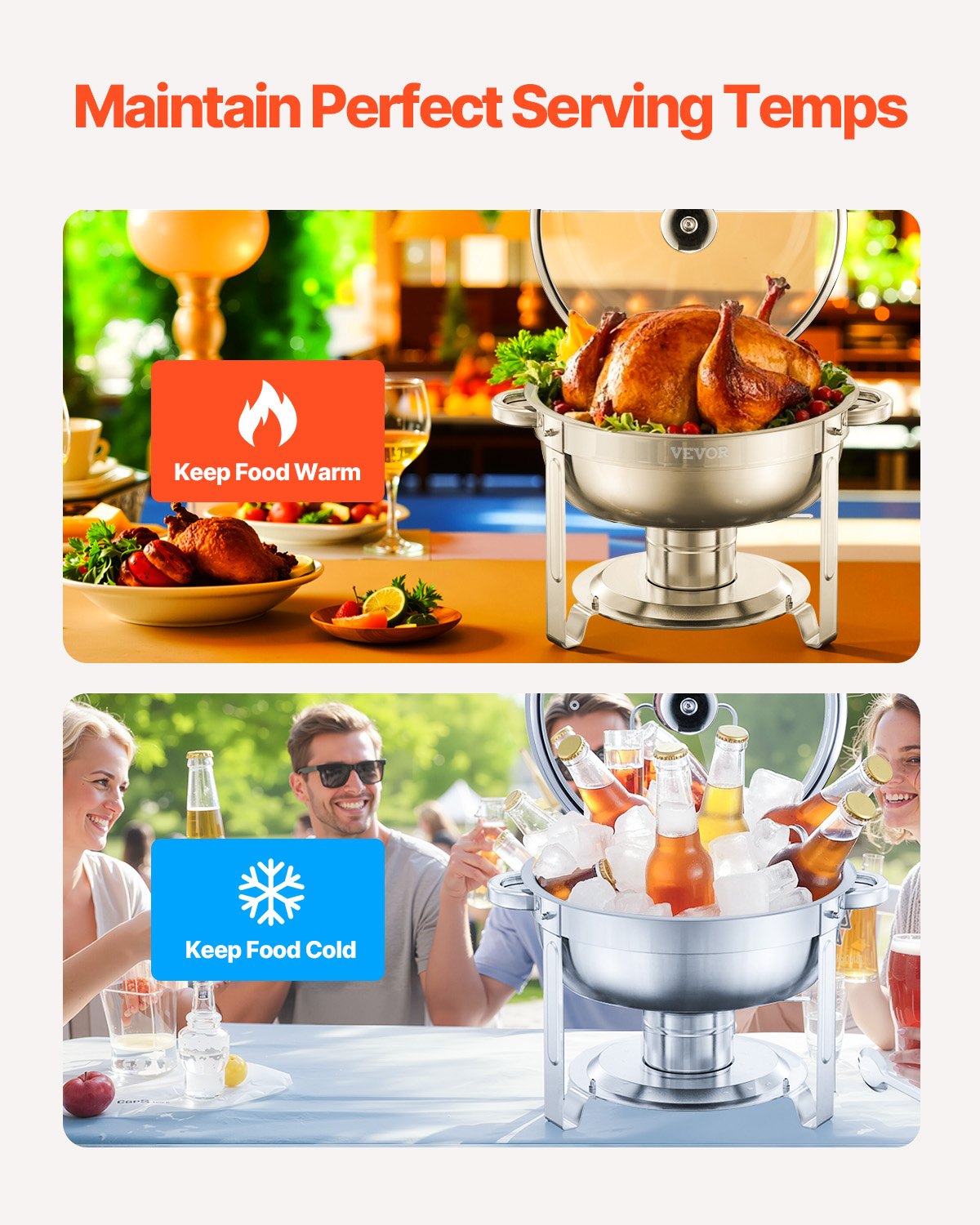 Podgrzewacz do potraw VEVOR Chafing Dish Buffet z 2 pojemnikami pełnowymiarowymi (po 4,7 l każdy), okrągły dozownik ciepła cateringowego ze szklaną pokrywką i pojemnikiem na wodę oraz składaną podstawką, na przyjęcia w formie bufetu, srebrny