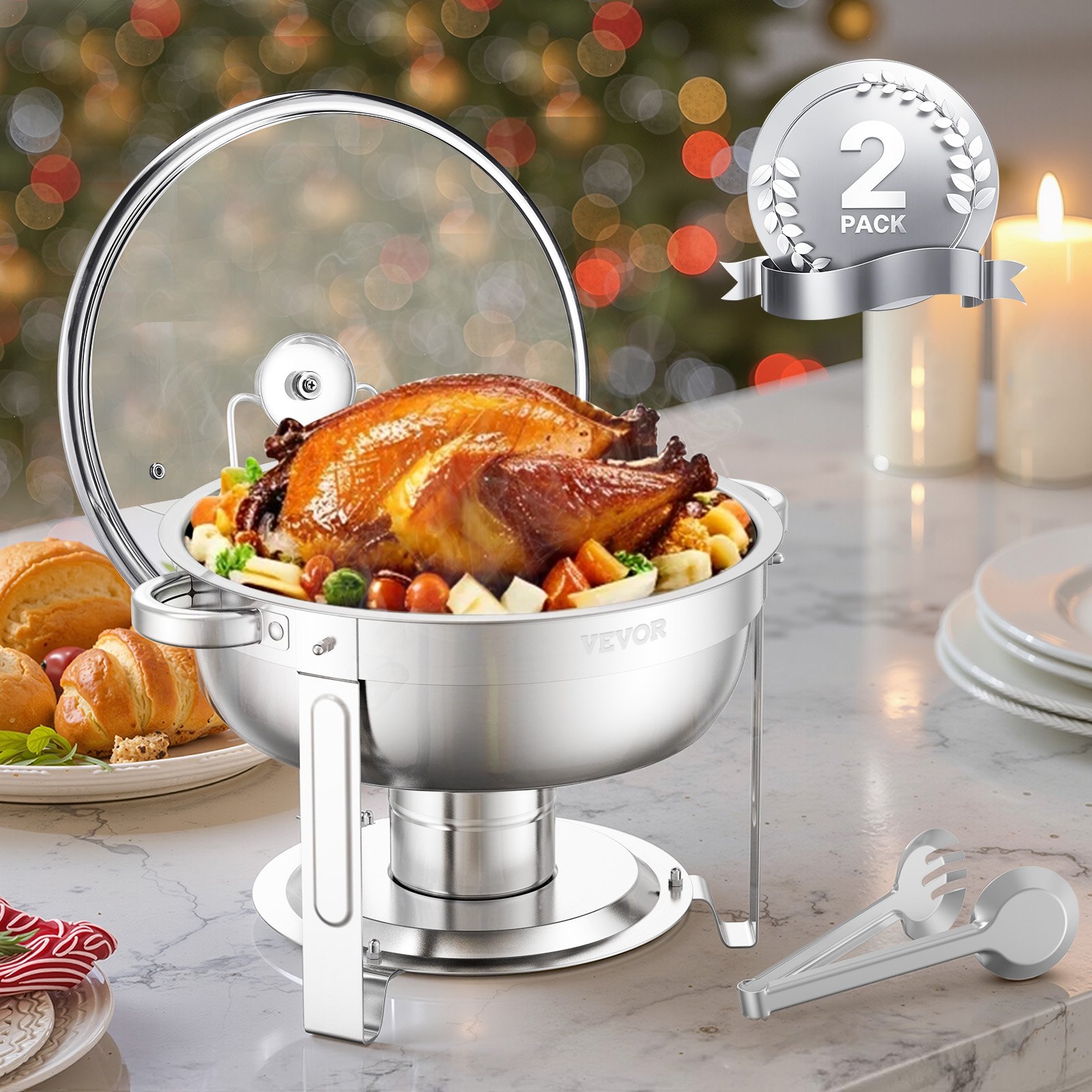 Podgrzewacz do potraw VEVOR Chafing Dish Buffet z 2 pojemnikami pełnowymiarowymi (po 4,7 l każdy), okrągły dozownik ciepła cateringowego ze szklaną pokrywką i pojemnikiem na wodę oraz składaną podstawką, na przyjęcia w formie bufetu, srebrny