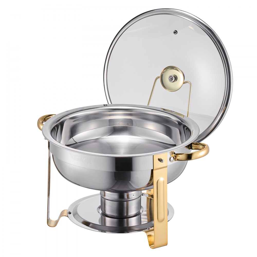 Podgrzewacz do potraw VEVOR Chafing Dish Buffet z 4 pojemnikami pełnowymiarowymi (4,7 l), okrągły dozownik ciepła cateringowego ze szklaną pokrywką i pojemnikiem na wodę oraz składaną podstawką, do bufetu weselnego, kolor złoty