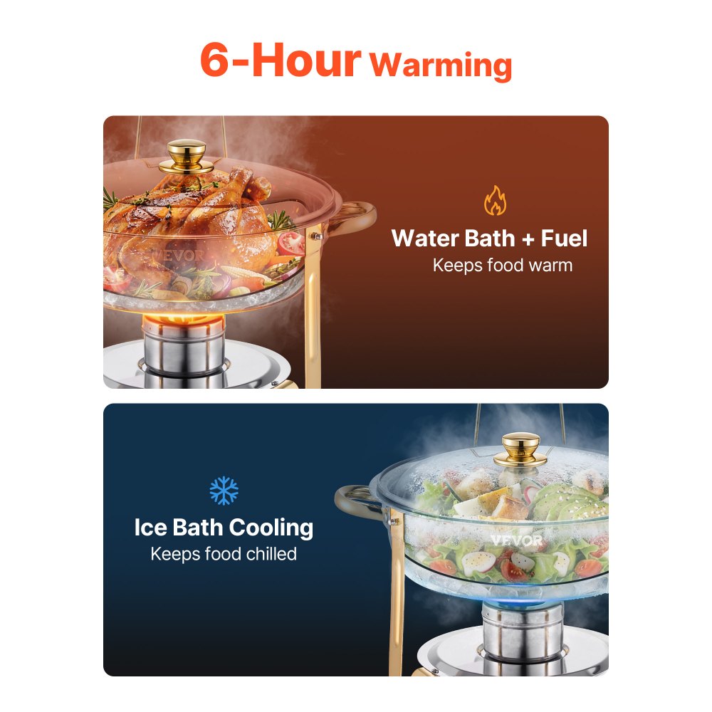 VEVOR Chafing Dish Buffet Food Warmer with 4 Full-Size Containers (4.7 L), Round Catering Heater with Glass Lid, Water Pan, and Foldable Stand, for Wedding Buffets, Gold