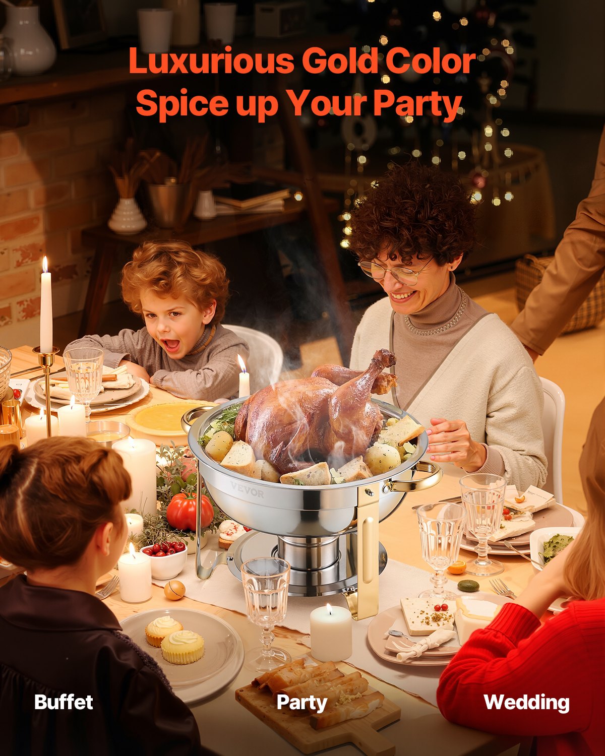Podgrzewacz do potraw VEVOR Chafing Dish Buffet z 4 pojemnikami pełnowymiarowymi (4,7 l), okrągły dozownik ciepła cateringowego ze szklaną pokrywką i pojemnikiem na wodę oraz składaną podstawką, do bufetu weselnego, kolor złoty