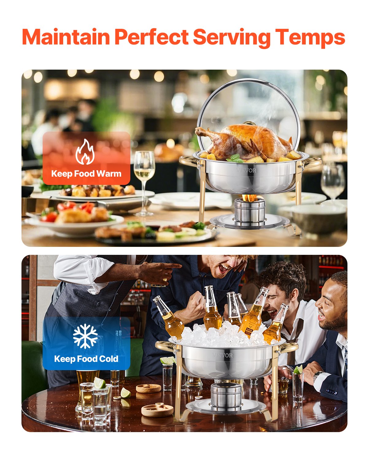 Podgrzewacz do potraw VEVOR Chafing Dish Buffet z 4 pojemnikami pełnowymiarowymi (4,7 l), okrągły dozownik ciepła cateringowego ze szklaną pokrywką i pojemnikiem na wodę oraz składaną podstawką, do bufetu weselnego, kolor złoty