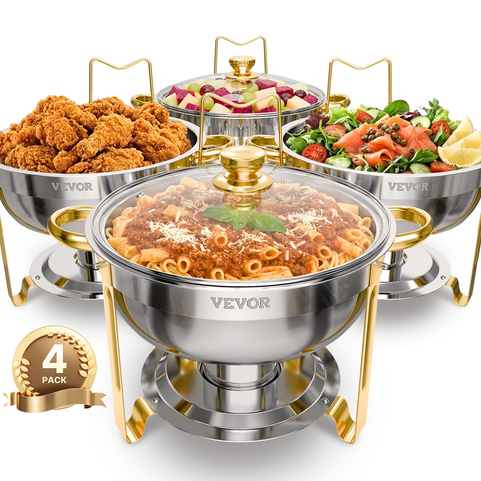 VEVOR Chafing Dish Buffet Food Warmer with 4 Full-Size Containers (4.7 L), Round Catering Heater with Glass Lid, Water Pan, and Foldable Stand, for Wedding Buffets, Gold
