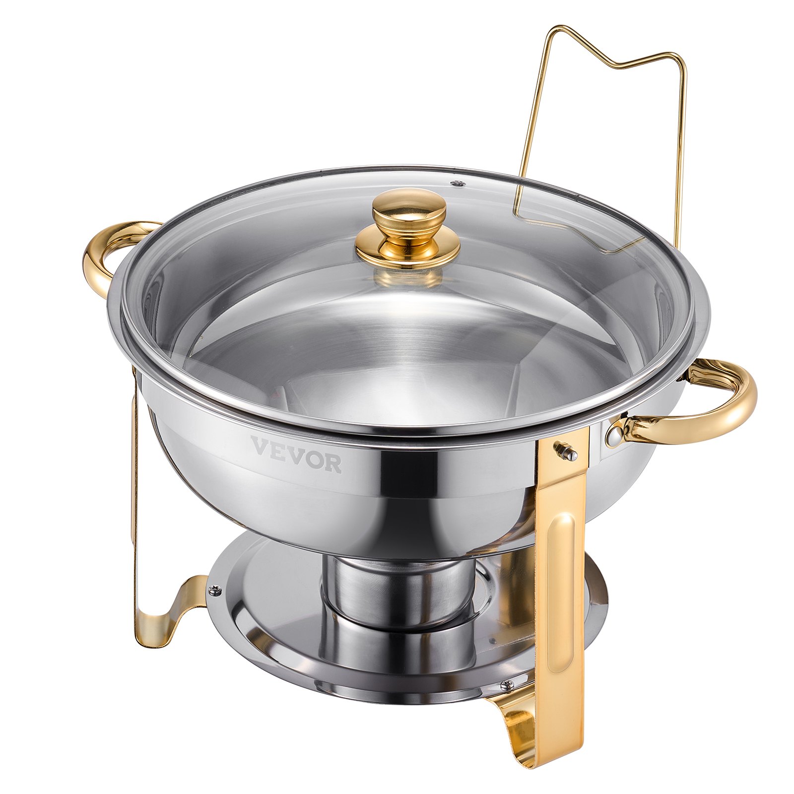 VEVOR Chafing Dish Buffet Food Warmer with 4 Full-Size Containers (4.7 L), Round Catering Heater with Glass Lid, Water Pan, and Foldable Stand, for Wedding Buffets, Gold