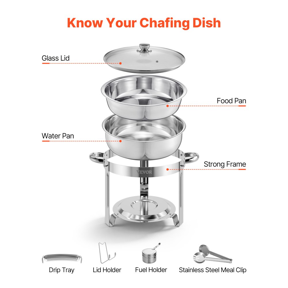 Podgrzewacz do potraw VEVOR Chafing Dish Buffet z 4 pojemnikami pełnowymiarowymi (po 4,7 l każdy), okrągły dozownik ciepła cateringowego ze szklaną pokrywką i pojemnikiem na wodę oraz składaną podstawką, do bufetu weselnego, srebrny