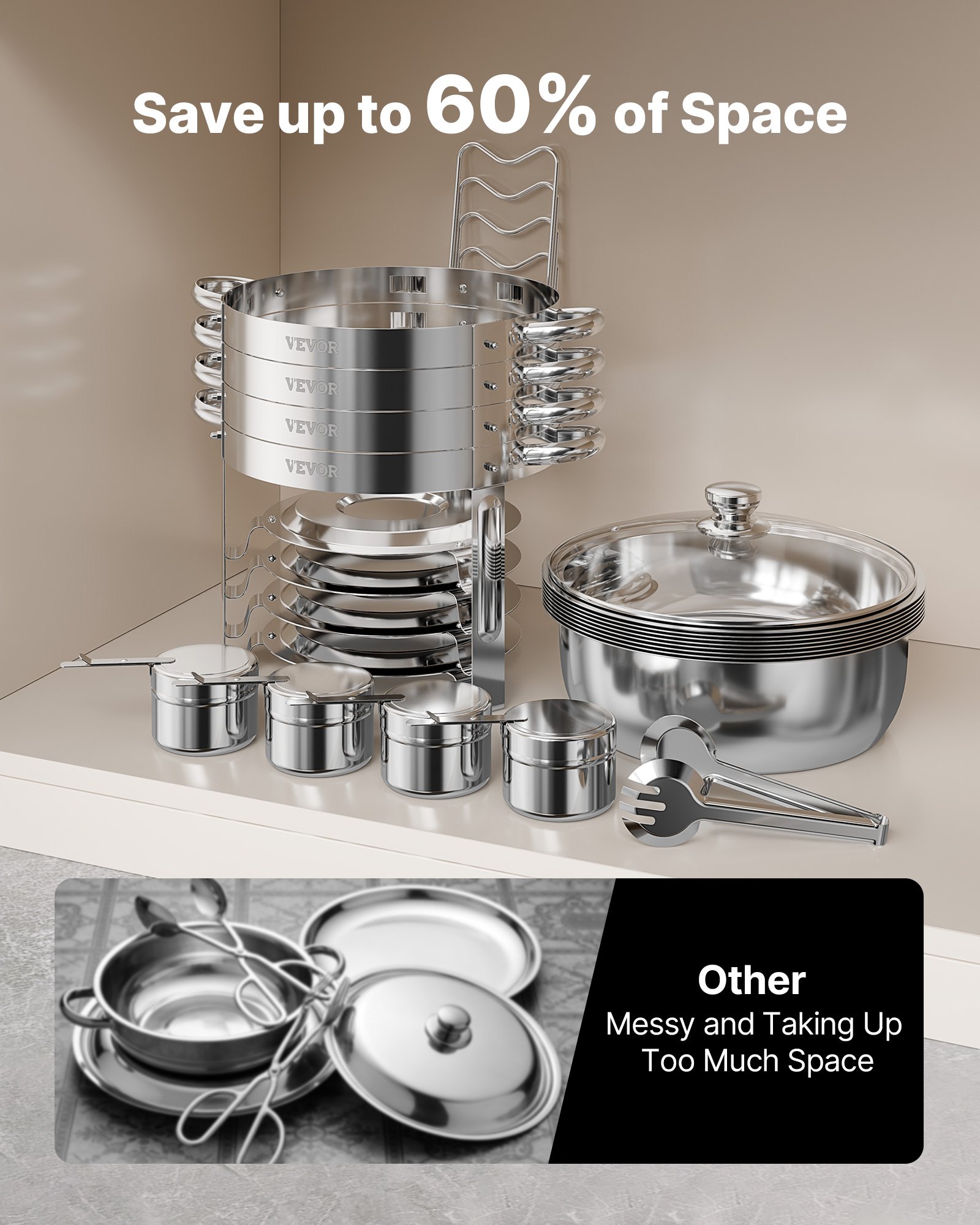 Podgrzewacz do potraw VEVOR Chafing Dish Buffet z 4 pojemnikami pełnowymiarowymi (po 4,7 l każdy), okrągły dozownik ciepła cateringowego ze szklaną pokrywką i pojemnikiem na wodę oraz składaną podstawką, do bufetu weselnego, srebrny