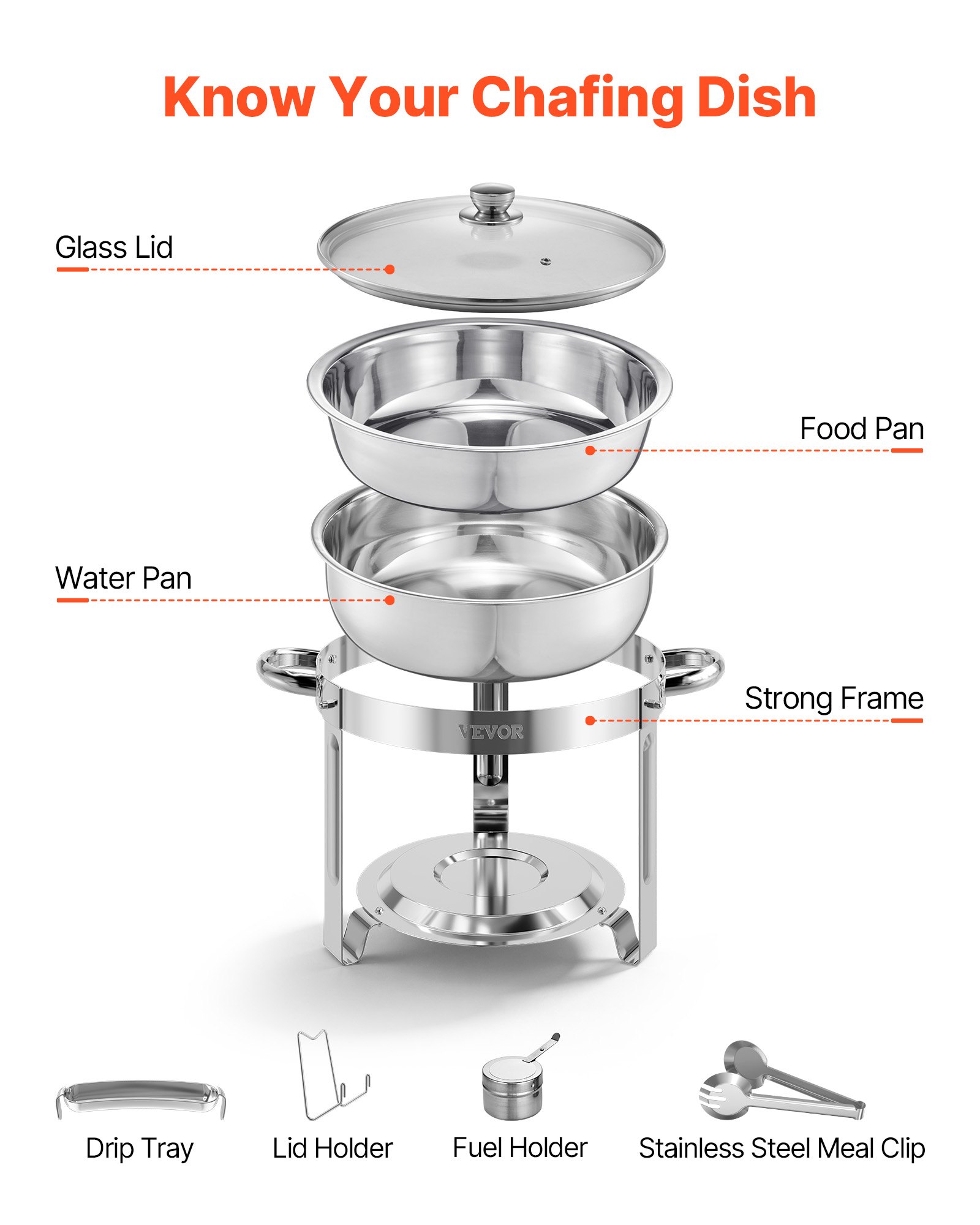Podgrzewacz do potraw VEVOR Chafing Dish Buffet z 4 pojemnikami pełnowymiarowymi (po 4,7 l każdy), okrągły dozownik ciepła cateringowego ze szklaną pokrywką i pojemnikiem na wodę oraz składaną podstawką, do bufetu weselnego, srebrny