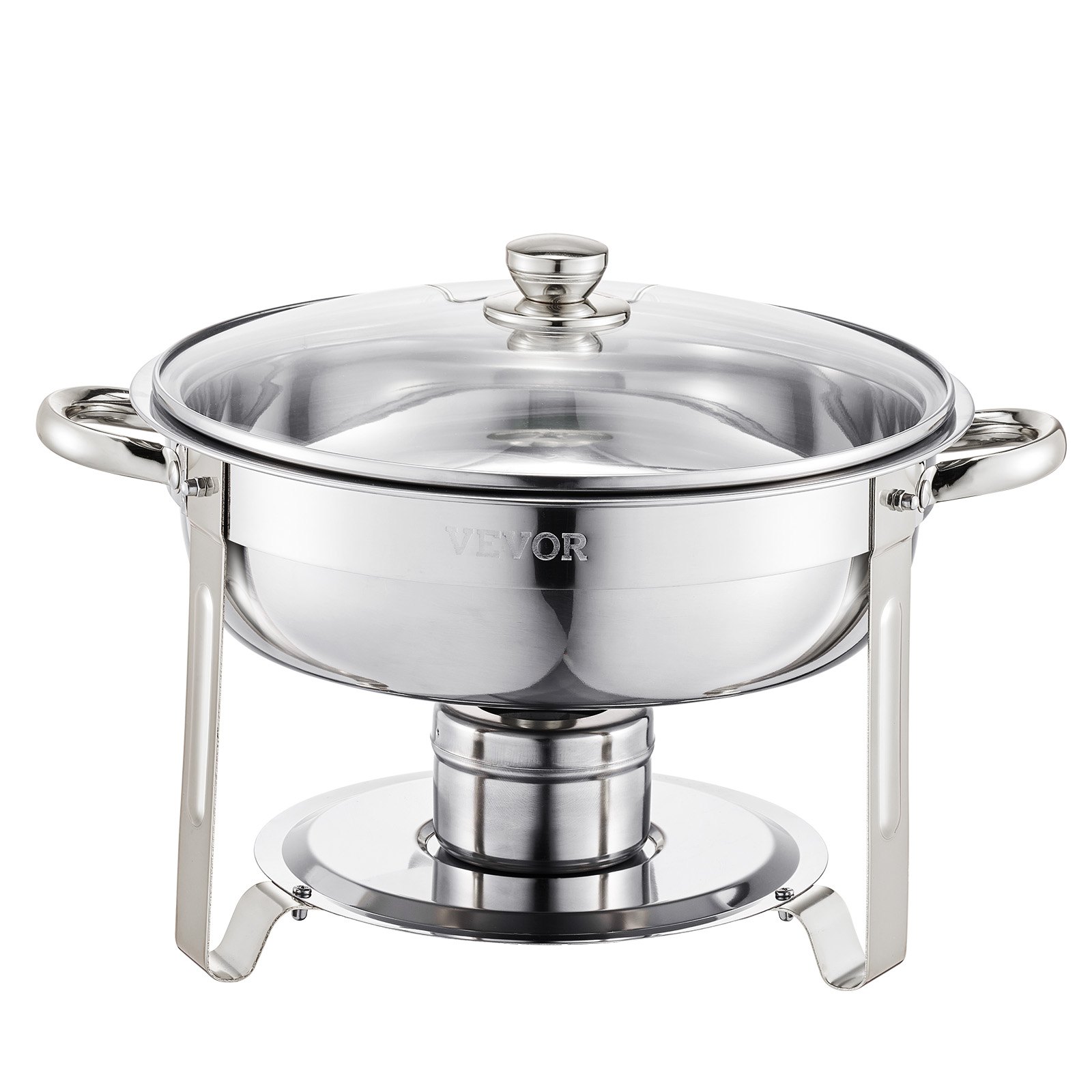 Podgrzewacz do potraw VEVOR Chafing Dish Buffet z 4 pojemnikami pełnowymiarowymi (po 4,7 l każdy), okrągły dozownik ciepła cateringowego ze szklaną pokrywką i pojemnikiem na wodę oraz składaną podstawką, do bufetu weselnego, srebrny