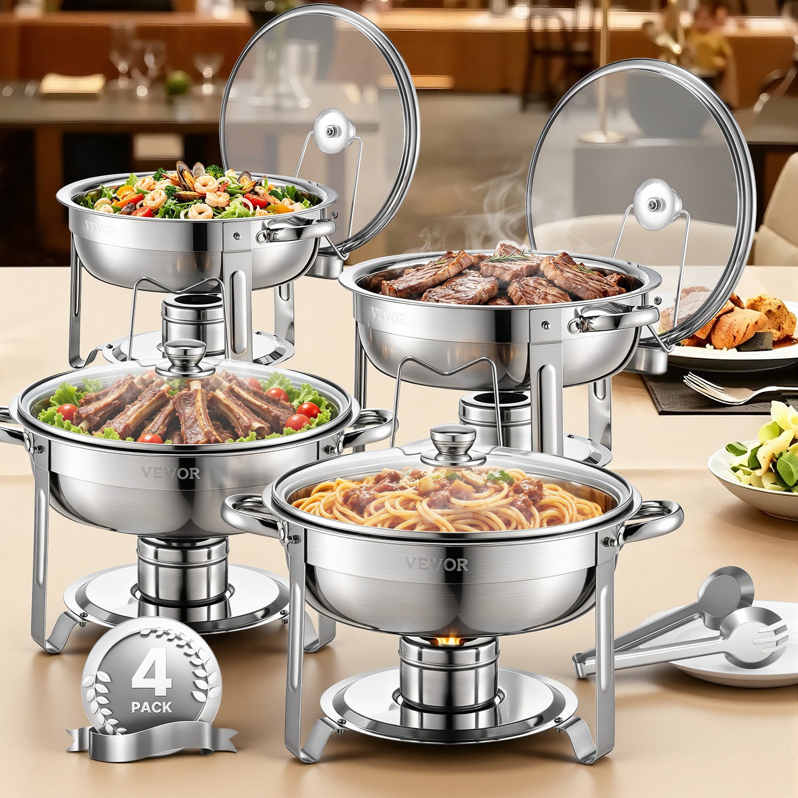VEVOR Chafing Dish Buffet Food Warmer with 4 Full-Size Containers (4.7 L each), Round Catering Heater with Glass Lid, Water Pan, and Foldable Stand, for Wedding Buffets, Silver
