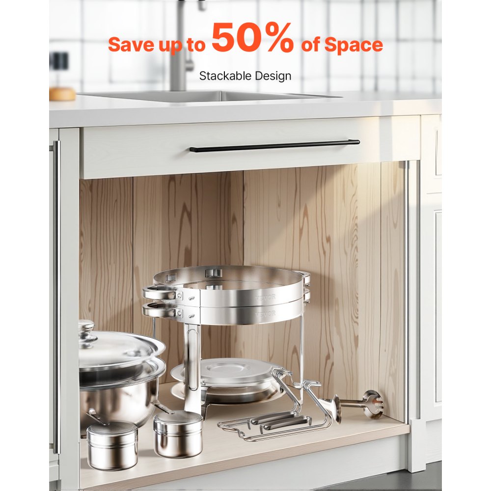 Podgrzewacz do potraw VEVOR Chafing Dish Buffet z 2 pojemnikami pełnowymiarowymi (po 4,7 l każdy), okrągły dozownik ciepła cateringowego z pokrywką, uchwytem na paliwo i miską na wodę, na wesela i przyjęcia, srebrny