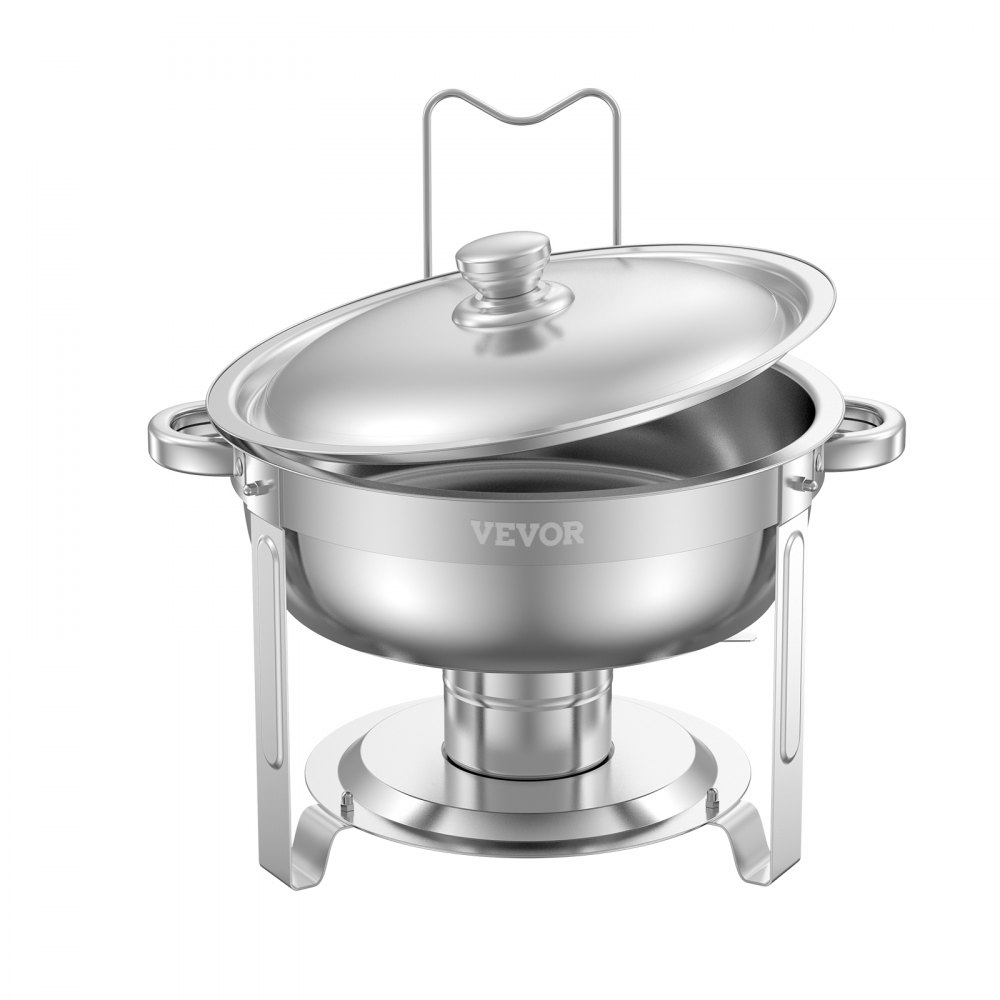 Podgrzewacz do potraw VEVOR Chafing Dish Buffet z 2 pojemnikami pełnowymiarowymi (po 4,7 l każdy), okrągły dozownik ciepła cateringowego z pokrywką, uchwytem na paliwo i miską na wodę, na wesela i przyjęcia, srebrny