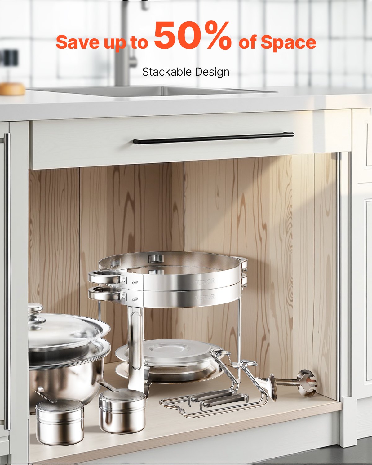 Podgrzewacz do potraw VEVOR Chafing Dish Buffet z 2 pojemnikami pełnowymiarowymi (po 4,7 l każdy), okrągły dozownik ciepła cateringowego z pokrywką, uchwytem na paliwo i miską na wodę, na wesela i przyjęcia, srebrny