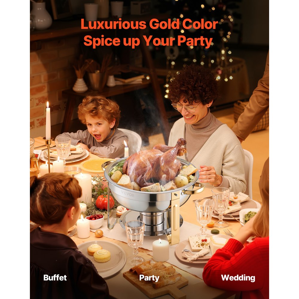 Podgrzewacz do potraw VEVOR Chafing Dish Buffet z 4 pojemnikami pełnowymiarowymi (po 4,7 l każdy), okrągły dozownik ciepła cateringowego z pokrywką i pojemnikiem na wodę oraz składaną podstawką, na wesela i imprezy w kolorze złotym