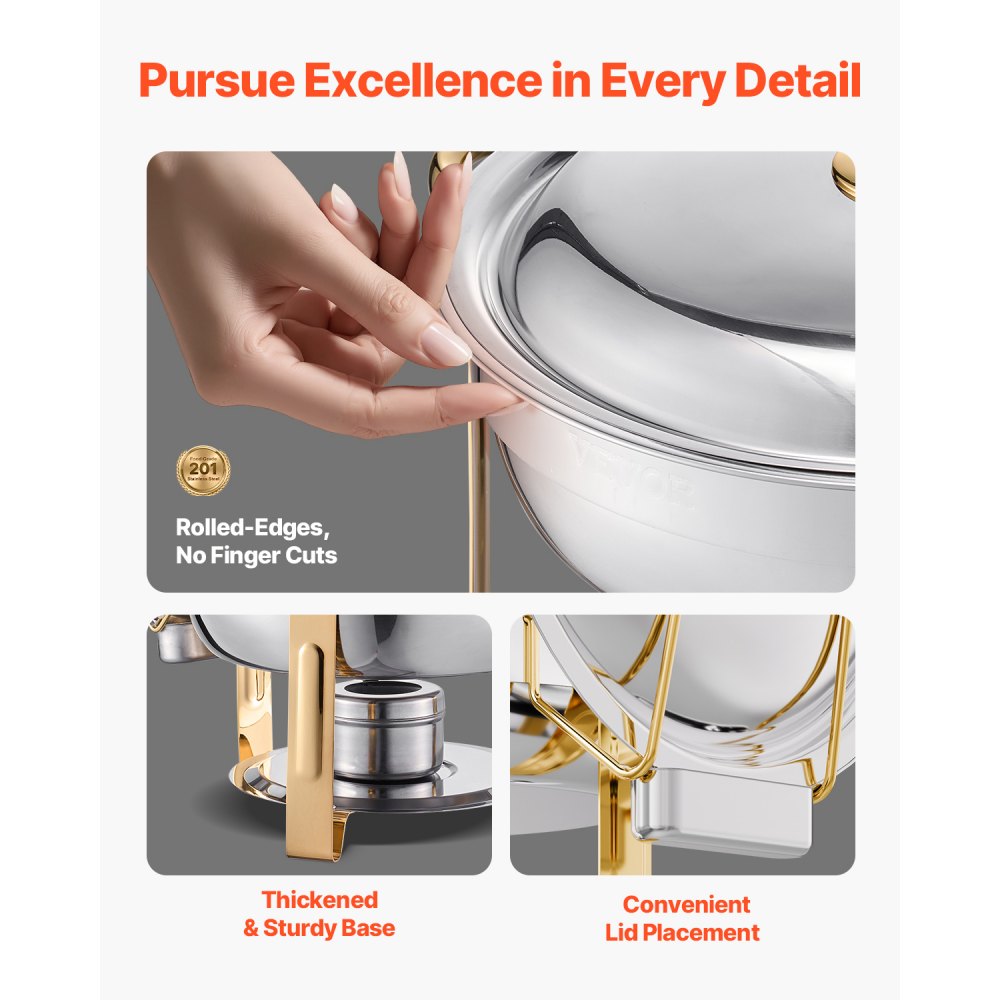 Podgrzewacz do potraw VEVOR Chafing Dish Buffet z 4 pojemnikami pełnowymiarowymi (po 4,7 l każdy), okrągły dozownik ciepła cateringowego z pokrywką i pojemnikiem na wodę oraz składaną podstawką, na wesela i imprezy w kolorze złotym