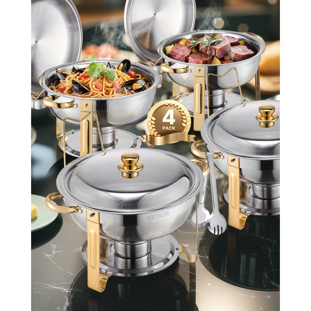 Podgrzewacz do potraw VEVOR Chafing Dish Buffet z 4 pojemnikami pełnowymiarowymi (po 4,7 l każdy), okrągły dozownik ciepła cateringowego z pokrywką i pojemnikiem na wodę oraz składaną podstawką, na wesela i imprezy w kolorze złotym