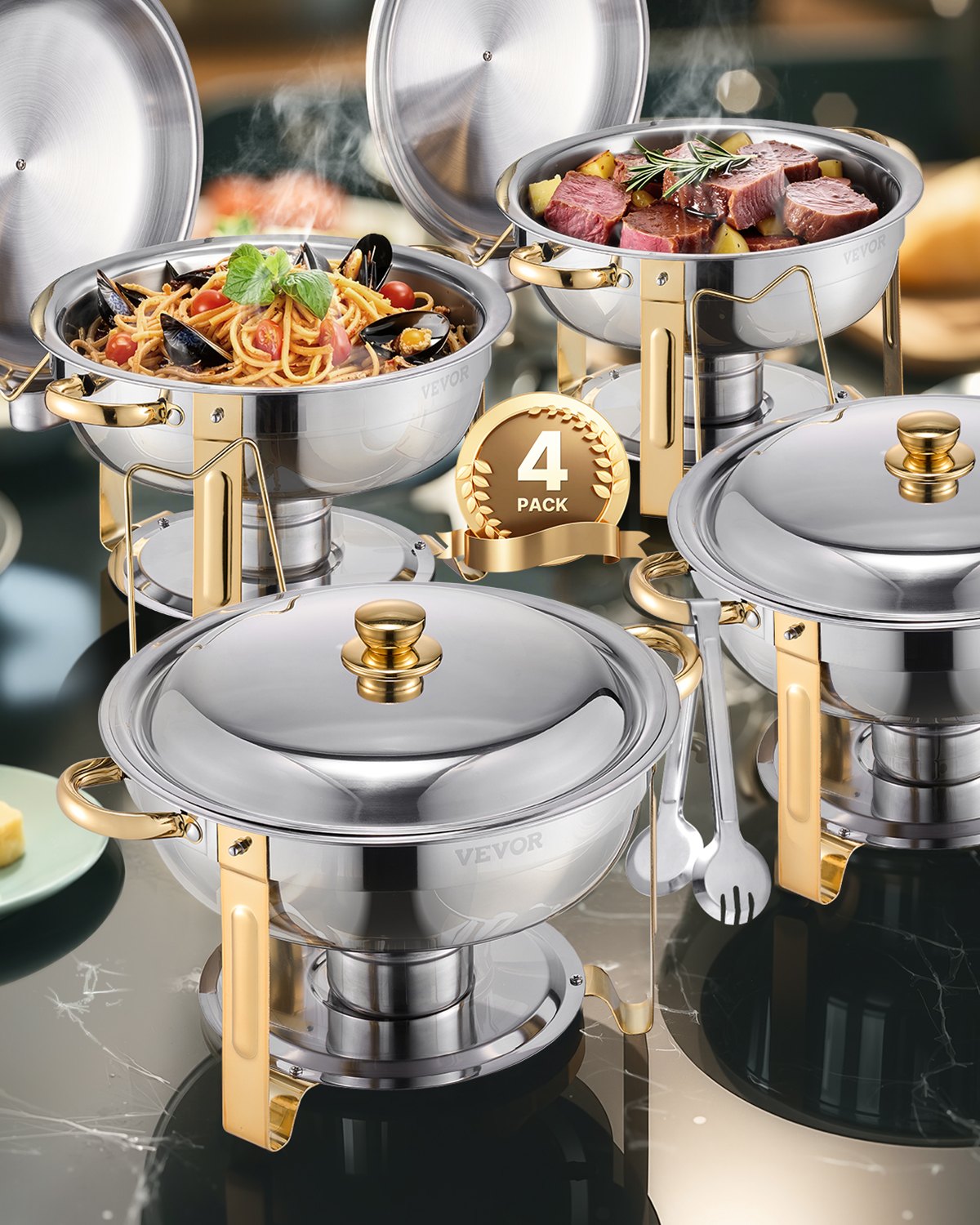 Podgrzewacz do potraw VEVOR Chafing Dish Buffet z 4 pojemnikami pełnowymiarowymi (po 4,7 l każdy), okrągły dozownik ciepła cateringowego z pokrywką i pojemnikiem na wodę oraz składaną podstawką, na wesela i imprezy w kolorze złotym