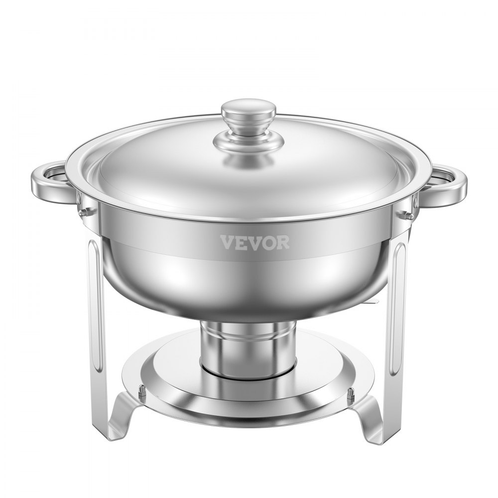 Podgrzewacz do potraw VEVOR Chafing Dish Buffet z 4 pojemnikami pełnowymiarowymi (po 4,7 l każdy), okrągły dozownik ciepła cateringowego z pokrywką i pojemnikiem na wodę oraz składaną podstawką, na wesela i przyjęcia, srebrny