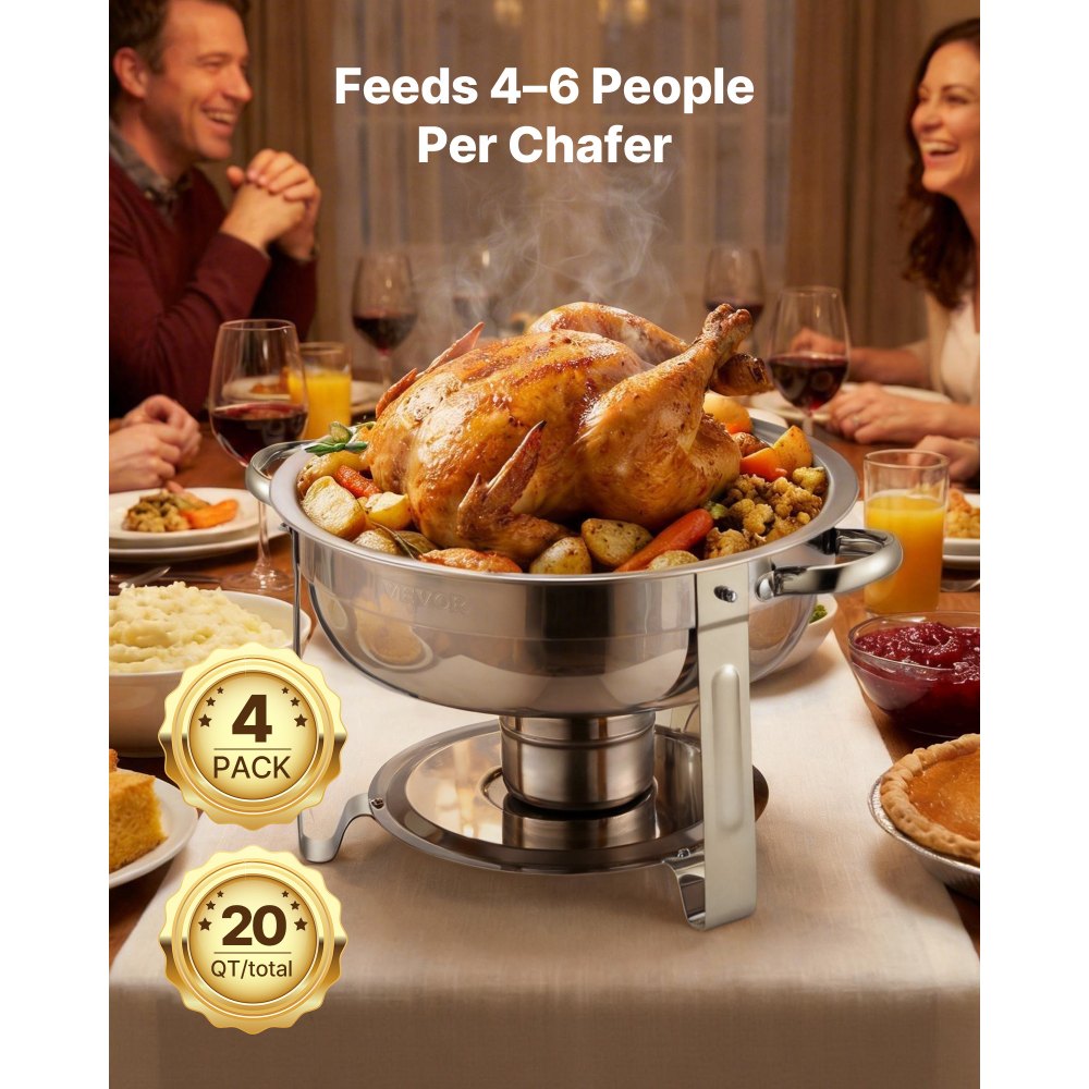 Podgrzewacz do potraw VEVOR Chafing Dish Buffet z 4 pojemnikami pełnowymiarowymi (po 4,7 l każdy), okrągły dozownik ciepła cateringowego z pokrywką i pojemnikiem na wodę oraz składaną podstawką, na wesela i przyjęcia, srebrny