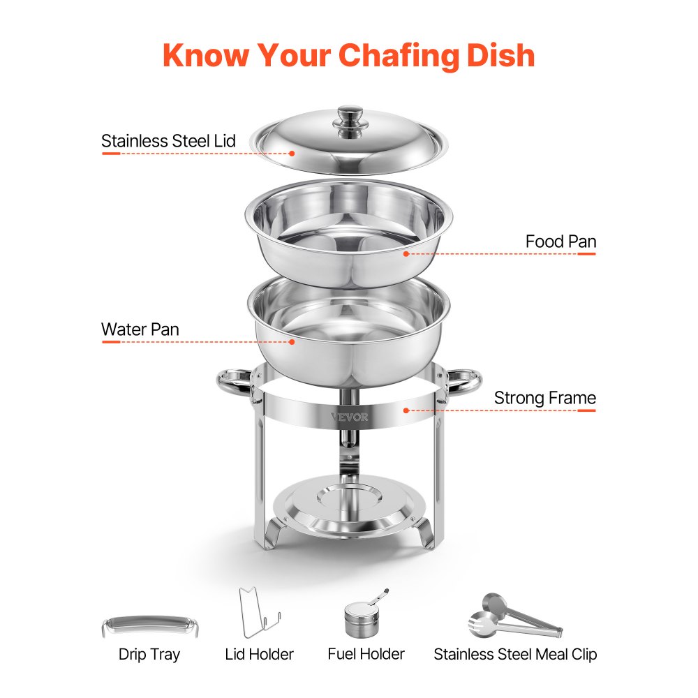 Podgrzewacz do potraw VEVOR Chafing Dish Buffet z 4 pojemnikami pełnowymiarowymi (po 4,7 l każdy), okrągły dozownik ciepła cateringowego z pokrywką i pojemnikiem na wodę oraz składaną podstawką, na wesela i przyjęcia, srebrny