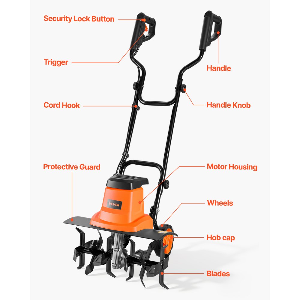 Glebogryzarka elektryczna VEVOR, szerokość robocza 45 cm, głębokość robocza 22 cm, silnik o mocy 1500 W, kruszarka do gleby, kultywator ze stalowymi zębami i składaną kierownicą, glebogryzarka ogrodowa do pielęgnacji trawnika, podwórka i ogrodu