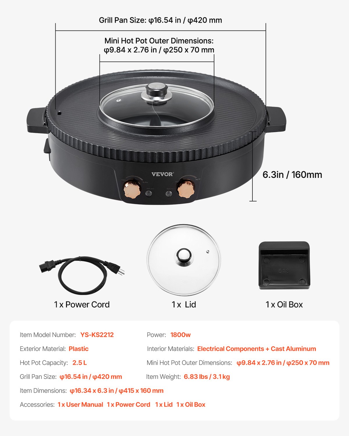 VEVOR Hot Pot z grillem 1800 W 2 w 1 elektryczny grill bezdymny, koreański grill BBQ Hot Pot z oddzielną podwójną kontrolą temperatury, patelnia nieprzywierająca, dla 2-8 osób