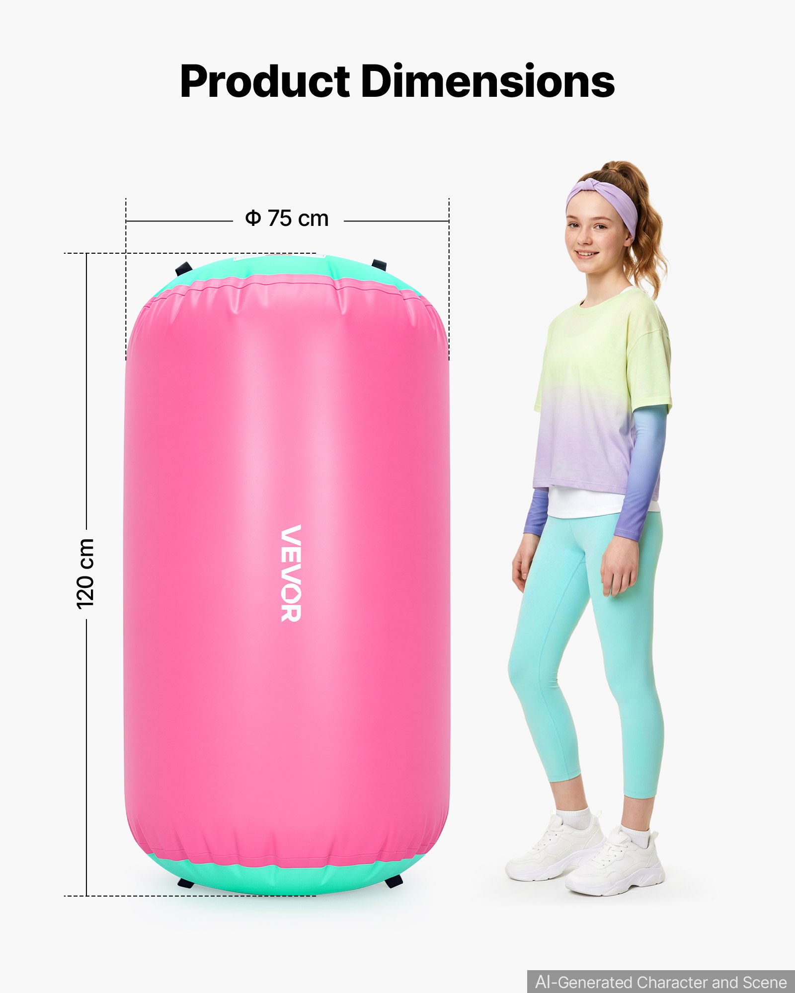 VEVOR Airtrack Roll, nadmuchiwany walec gimnastyczny z pompką, 120 x 75 cm, różowy, do siłowni, szkół, klubów i ogrodów, udźwig 200 kg, regulowane ciśnienie powietrza, silikonowe uchwyty, wąż i torba