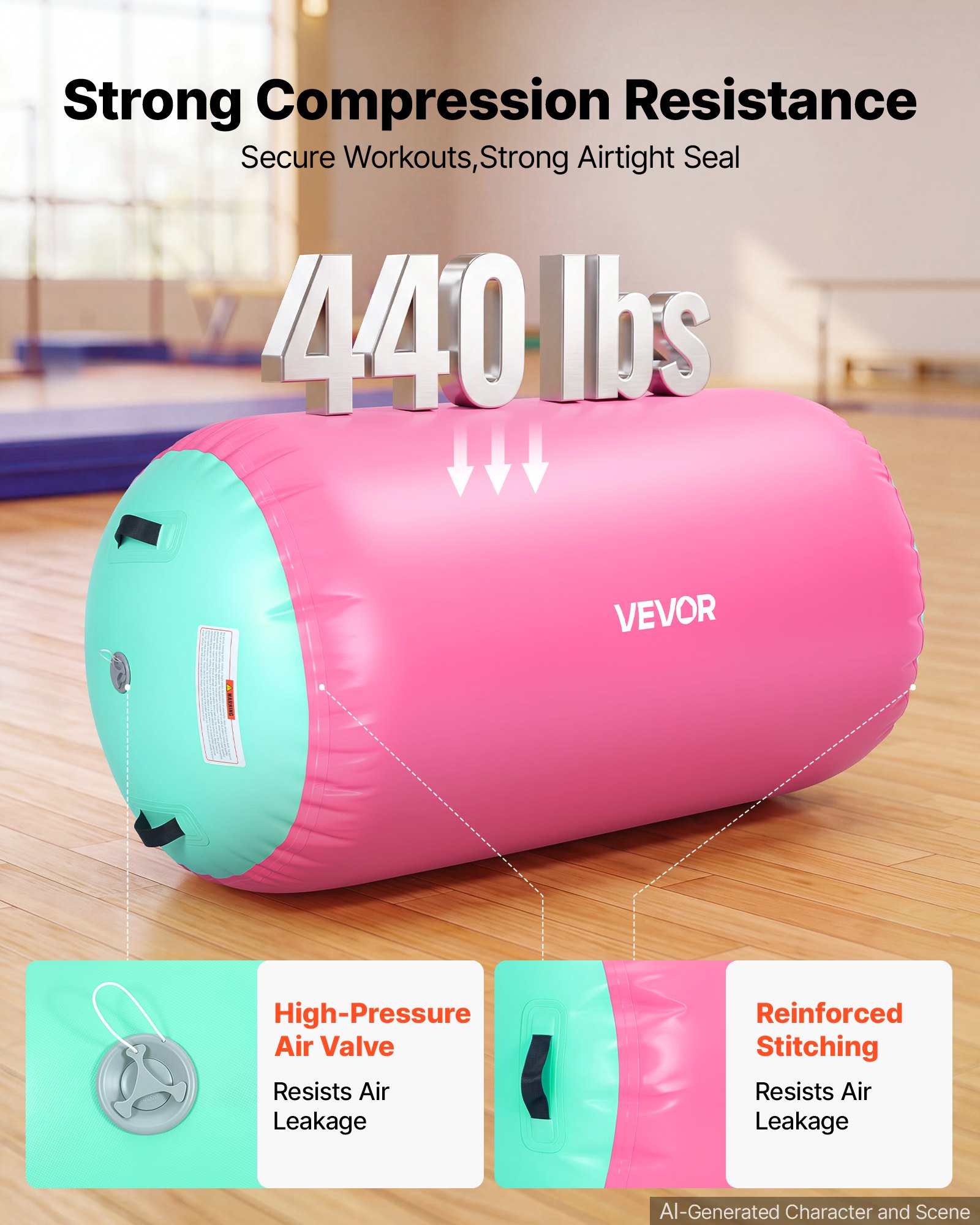 VEVOR Airtrack Roll, nadmuchiwany walec gimnastyczny z pompką, 120 x 75 cm, różowy, do siłowni, szkół, klubów i ogrodów, udźwig 200 kg, regulowane ciśnienie powietrza, silikonowe uchwyty, wąż i torba