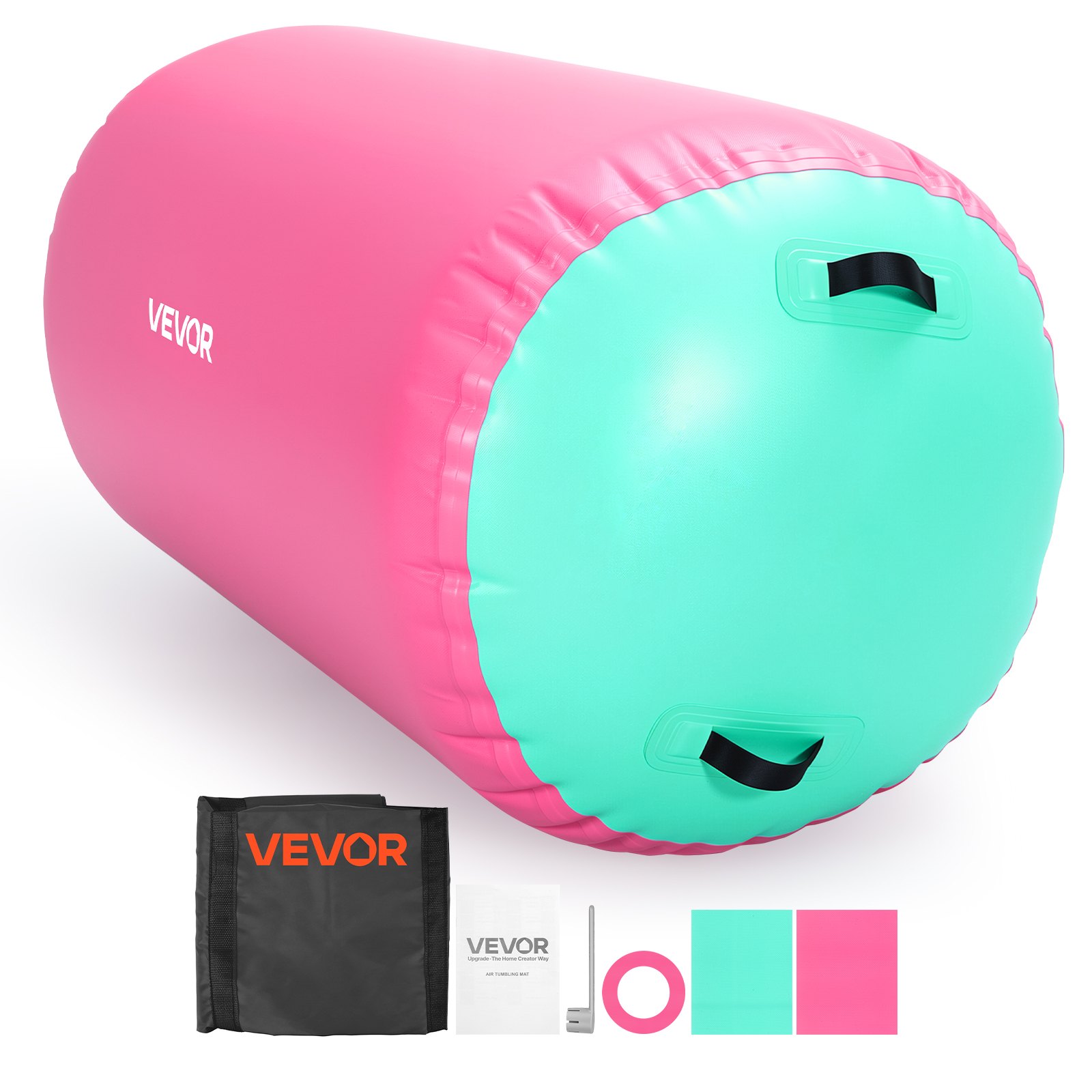 VEVOR Airtrack Roll, nadmuchiwany walec gimnastyczny z pompką, 120 x 75 cm, różowy, do siłowni, szkół, klubów i ogrodów, udźwig 200 kg, regulowane ciśnienie powietrza, silikonowe uchwyty, wąż i torba